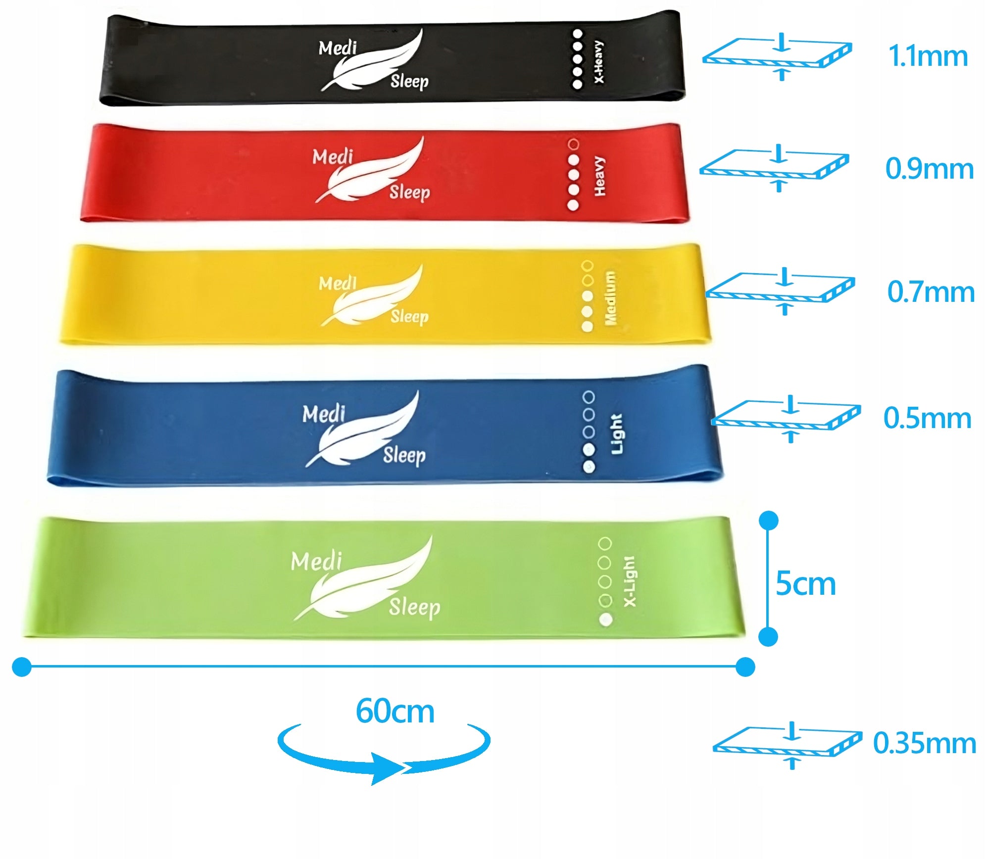 TRAINING RUBBERS FTINESS SET OF 5PCS RESISTANCE RUBBERS TAPE MEDI SLEEP Color multicolor