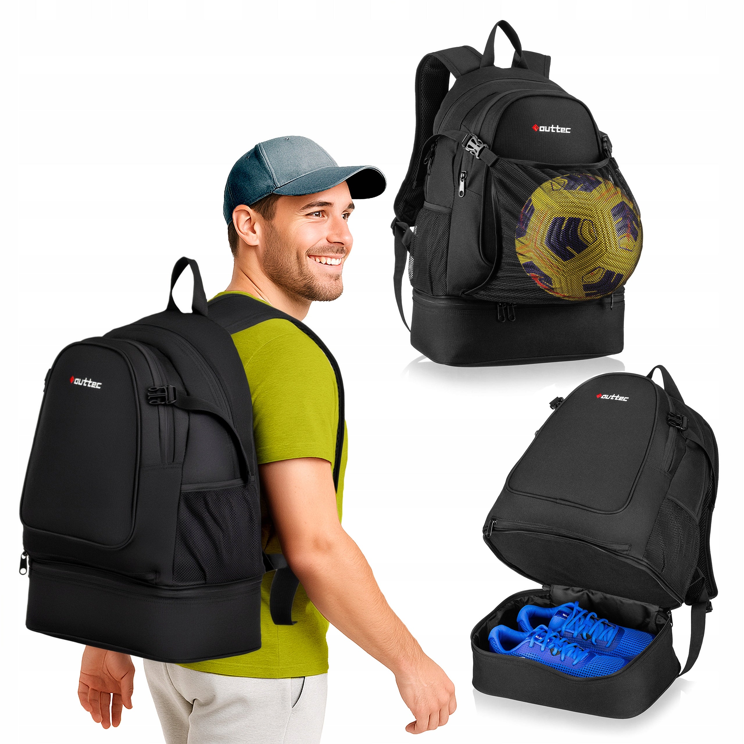 TRAINING SPORTS BACKPACK WITH SHOE COMPARTMENT BALL HIKING WATER BOTTLE OUTTEC