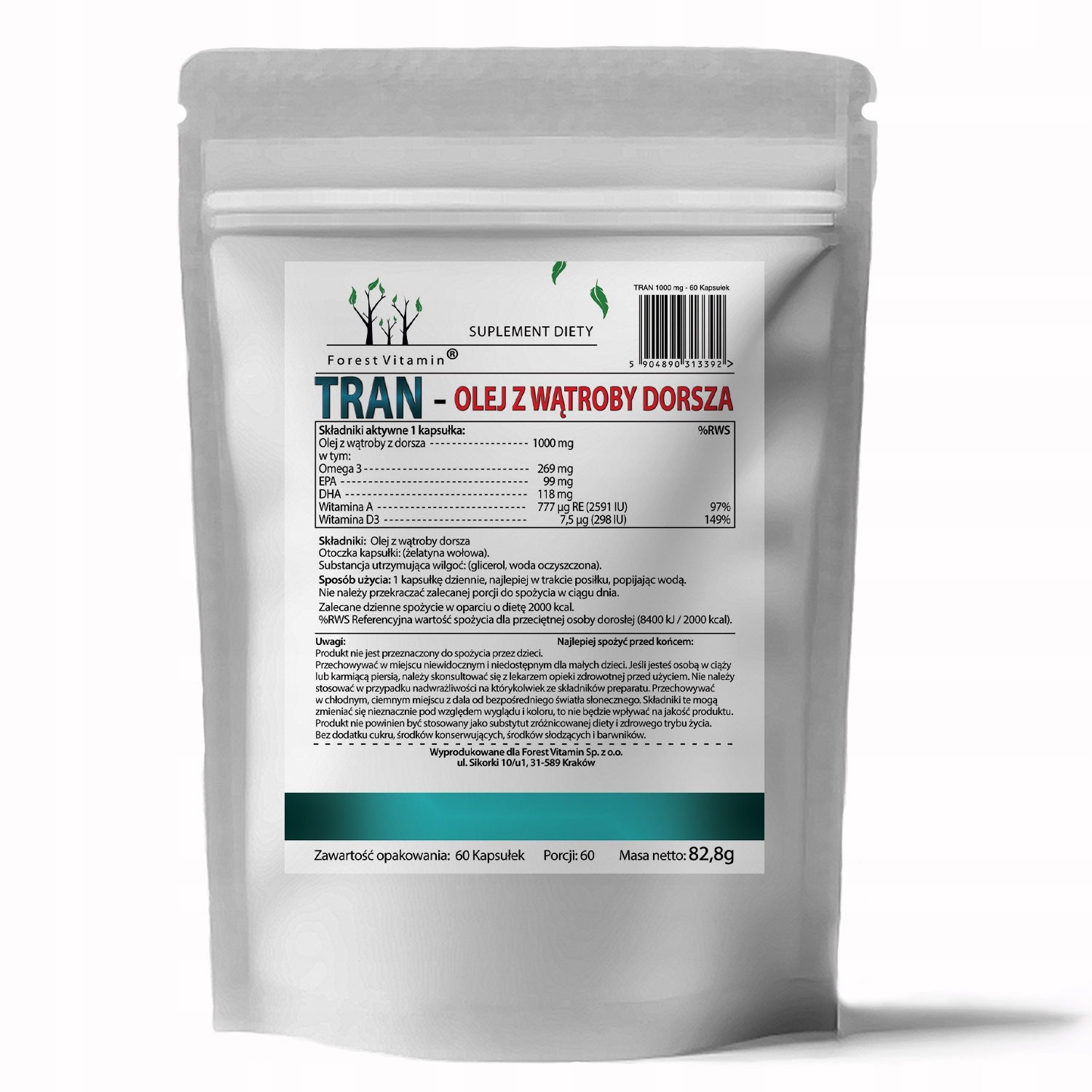 TRAN COD LIVER OIL 1000 MG OMEGA 3 60caps HEALTHY FATS DHA EPA Brand Forest Vitamin