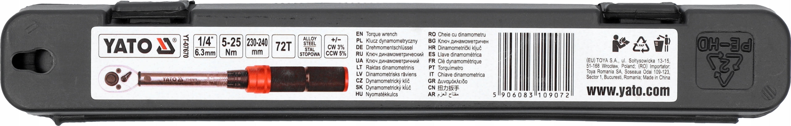 TRANSITIONAL TORQUE WRENCH YATO 1/4" 5-25Nm CALIBRATION CERTIFICATE Customs tariff code 82041200