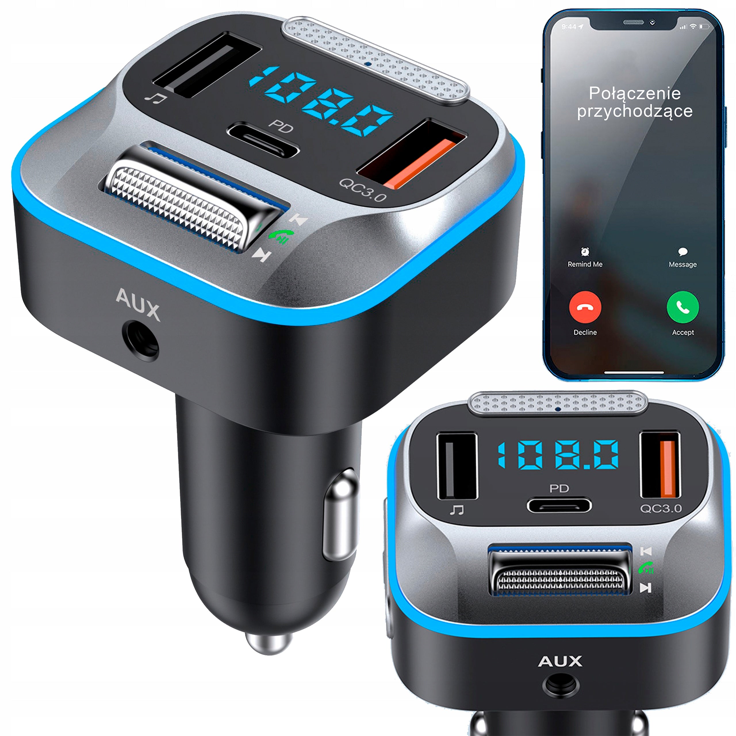 TRANSMITTER CAR CHARGER BLUETOOTH FM CAR USB C JACK QC 3.0
