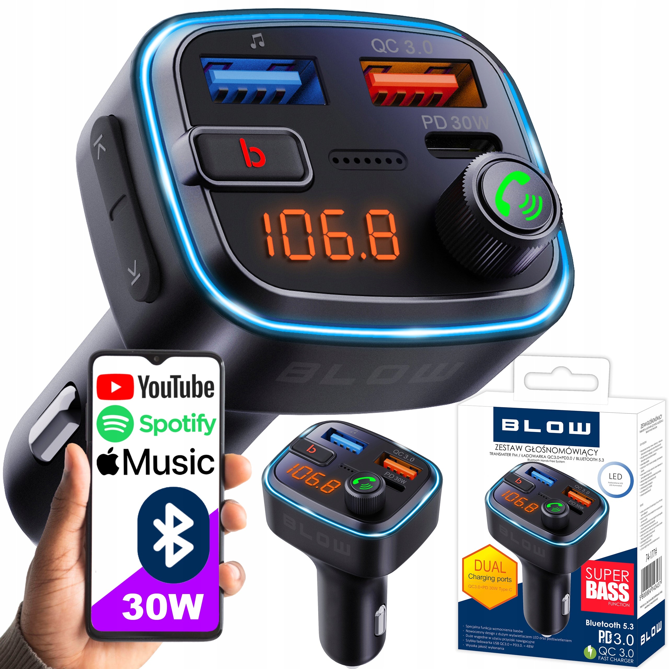 TRANSMITTER FM BLUETOOTH 5.3 QC 3.0 PD30W POWERFUL BASS CHARGER MICROPHONE