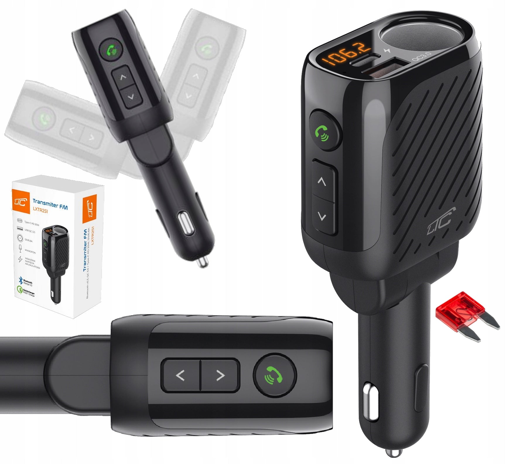 TRANSMITTER FM BLUETOOTH 5.3 QUICK CHARGE QC3.0+PD20W+CIGARETTE LIGHTER SOCKET