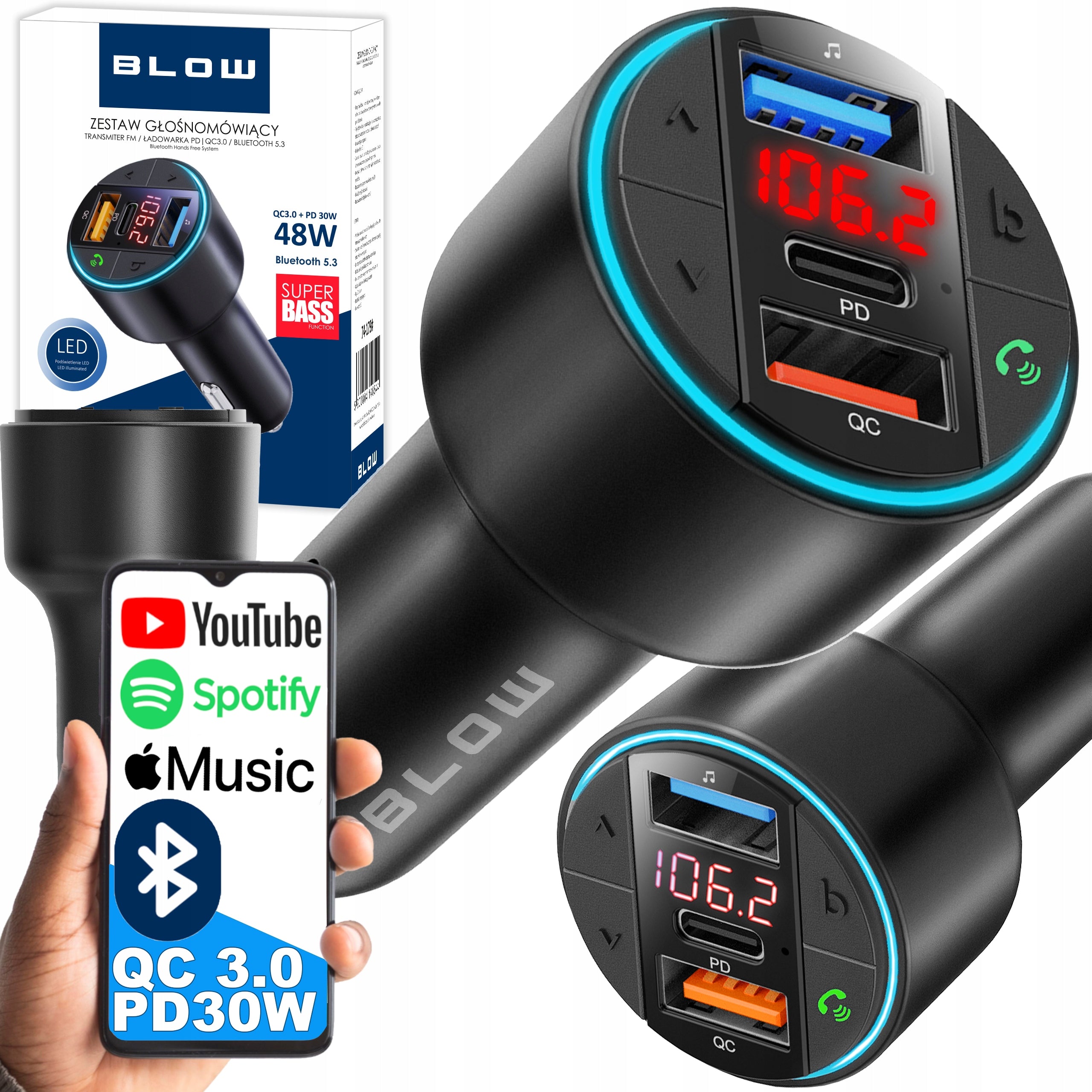 TRANSMITTER FM BLUETOOTH CHARGER BT USB TYP-C QC 3.0 + PD 30W BASS LED MP3