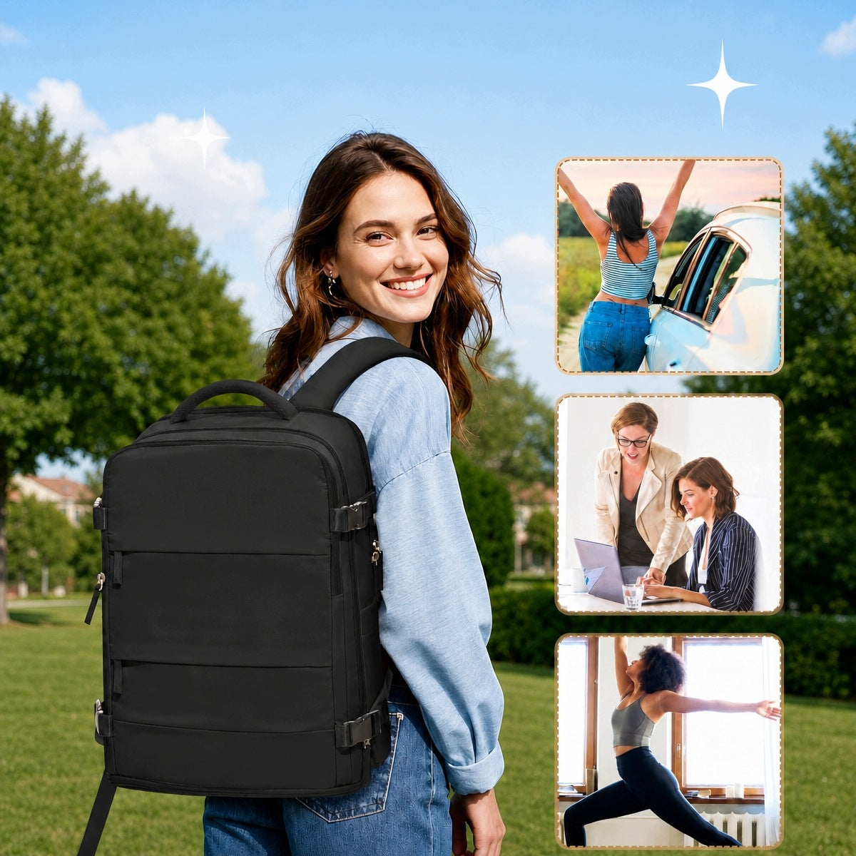 TRAVEL BACKPACK BLACK 40x30x20 HANDHELD FOR AIRPLANE STRONG Main pattern plain