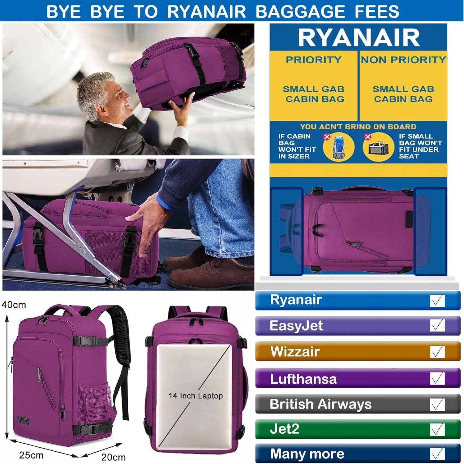 TRAVEL BACKPACK PURPLE 40X20X25CM 20L FOR LAPTOP FOR USB AIRPLANE Brand no brand