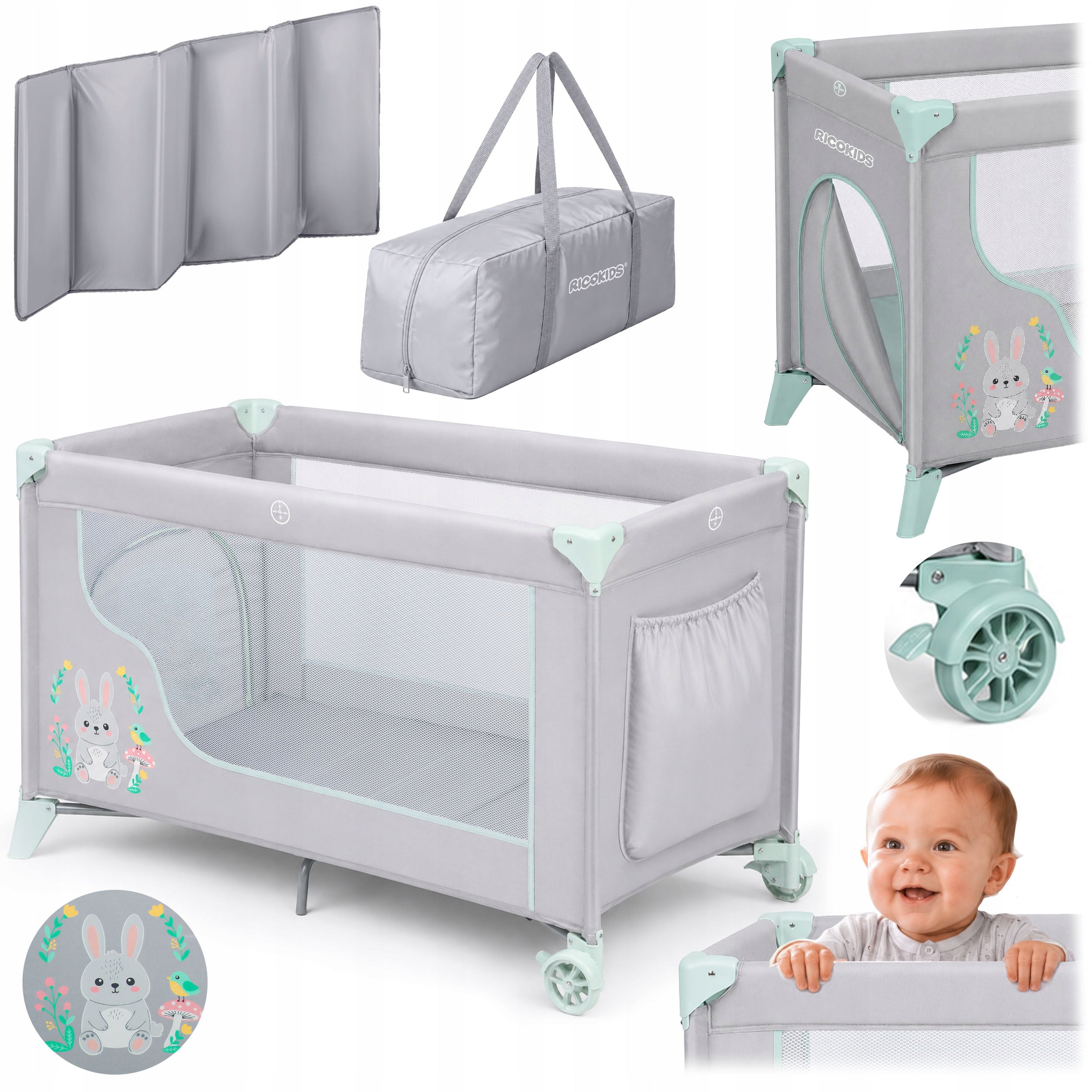 TRAVEL COT FOLDING TRAVEL PLAYPEN RICOKIDS MATTRESS + BAG
