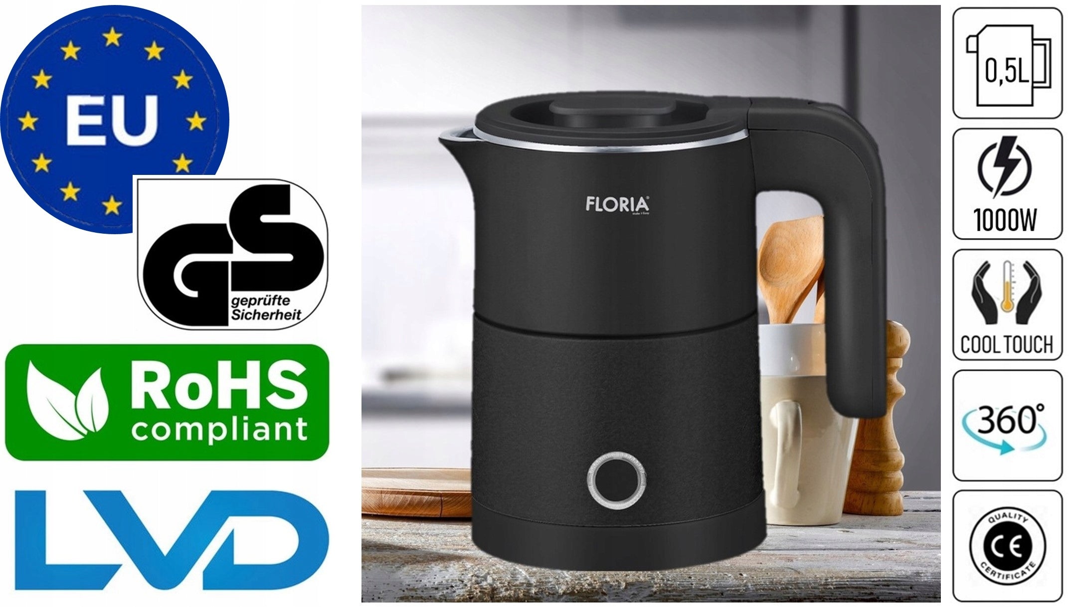 TRAVEL ELECTRIC KETTLE QUIET SMALL 1000W 0,5L Capacity 0.5 l
