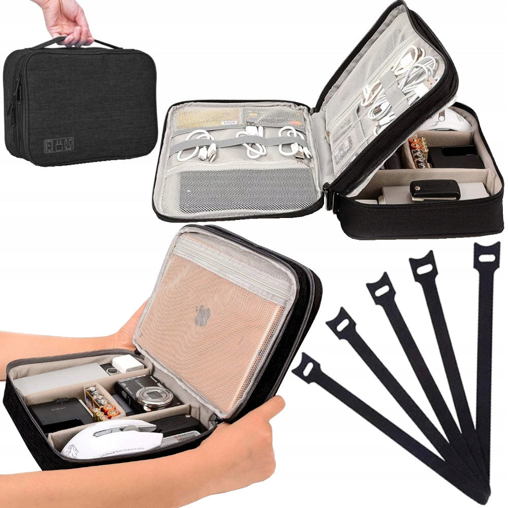 TRAVEL ORGANIZER CASE BAG POUCH FOR CABLES CHARGERS 5 VELCRO STRAPS FREEBIE Color black