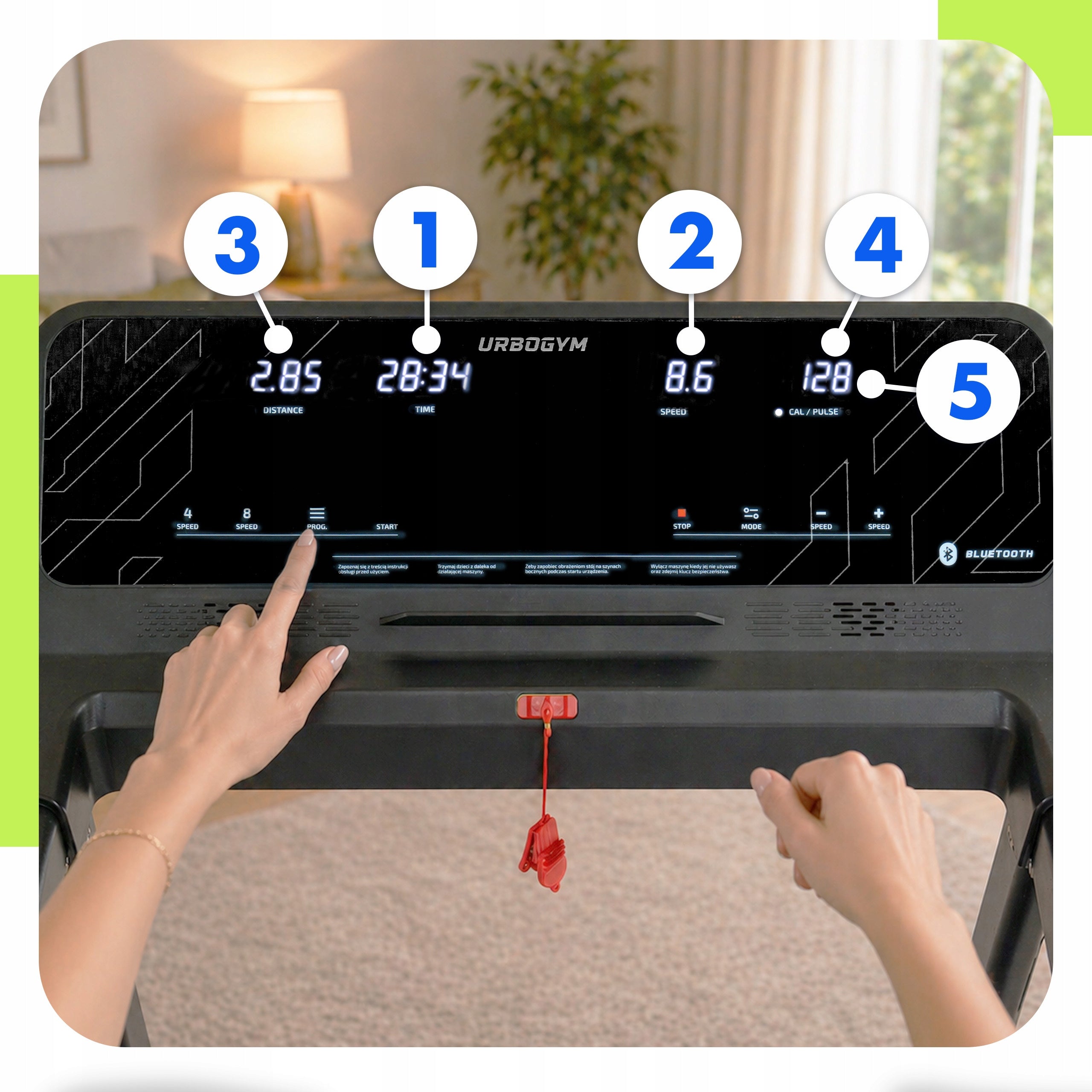 TREADMILL ELECTRIC HOME RUSH TILT ADJUSTMENT FOLDABLE BLUETOOTH Measurements training duration distance speed pulse burned calories