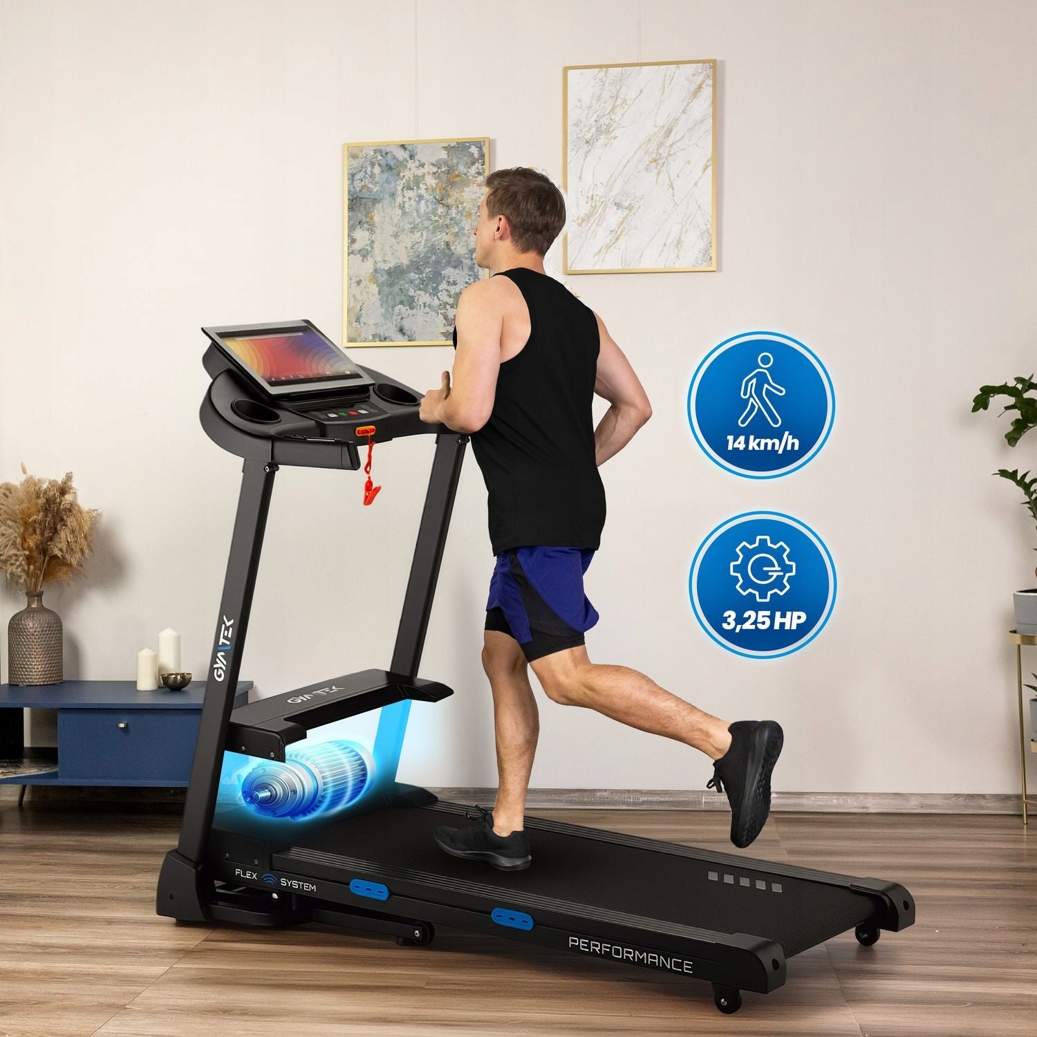 TREADMILL HOME ELECTRIC ANGLE OF INCLINATION APPLICATION BT CUSHIONING GYMTEK Measurements training duration distance speed burned calories fat