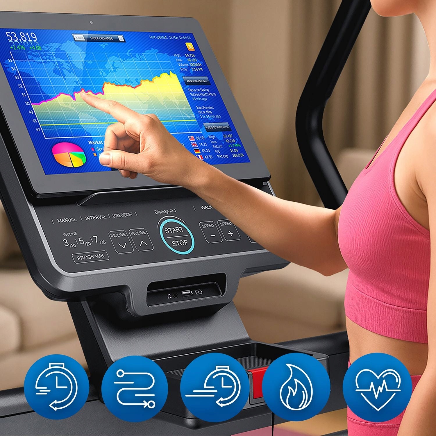 TREADMILL HOME ELECTRIC ANGLE OF INCLINATION FOR WALKING CLIMBING GYMTEK Additional features Bluetooth safety key transport wheels place for mobile phone/tablet training programs tilt angle adjustment touch sensors headphone jack USB port mobile device compatibility display