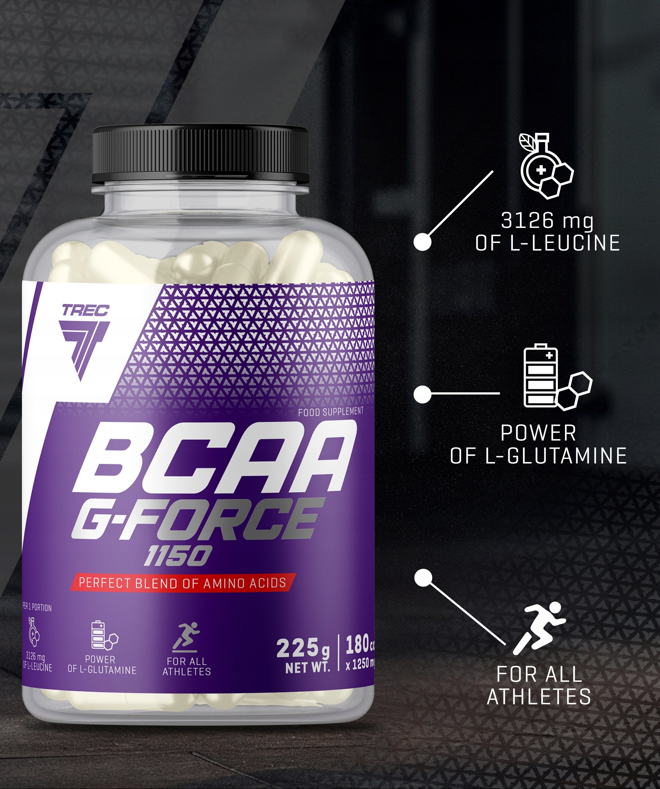 TREC BCAA G-FORCE BRANCHED CHAIN AMINO ACIDS + L-GLUTAMINE|180 capsules Expiration date at least six months from the date of purchase