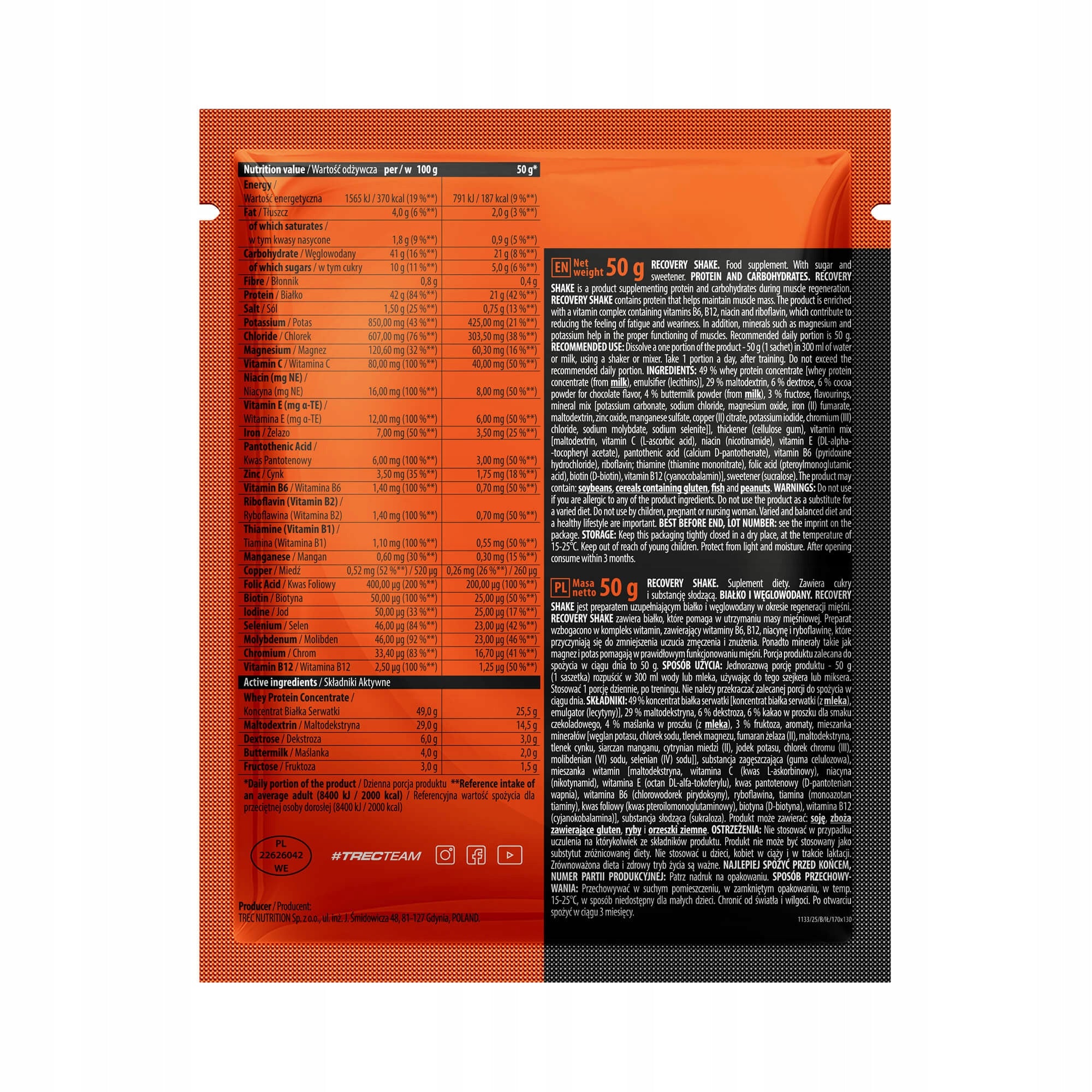 TREC ENDURANCE RECOVERY SHAKE VANILLA 50g GAINER Protein for Mase Sculpture Manufacturer code gainer z dodatkiem witamin Wit. B6 12 magnez