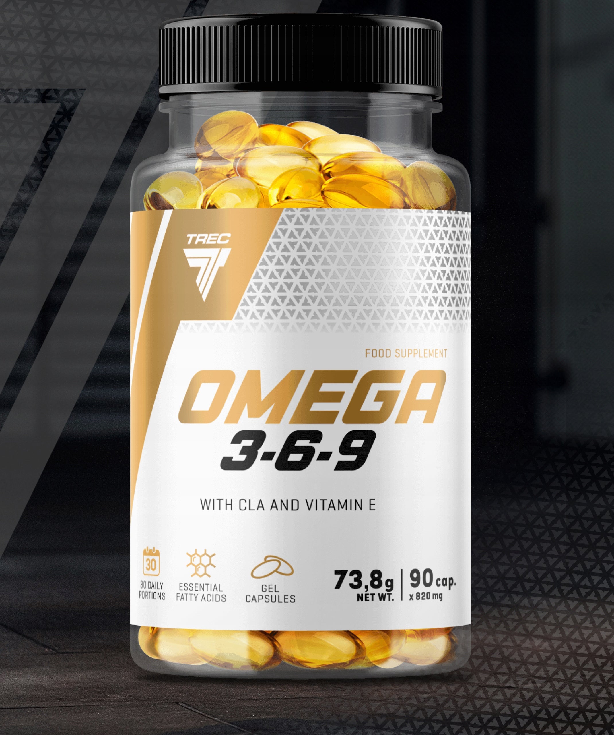 TREC OMEGA 3-6-9 90 ACIDS GLA ALA EPA DHA CLA VITAMIN E FISH OIL|90 kaps. Manufacturer code zawiera olej lniany, bez dodatku cukru