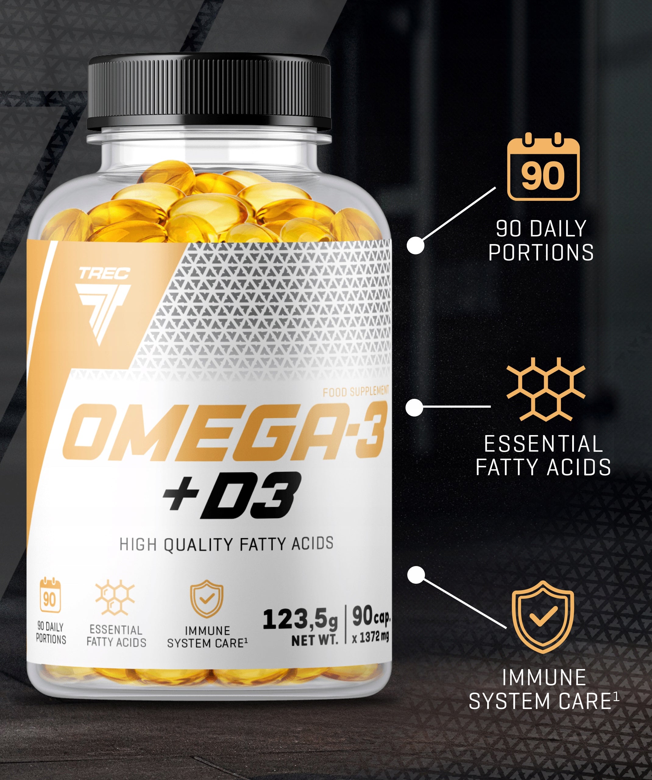 TREC OMEGA 3 + D3 Contains FATTY ACIDS EPA DHA WIT D FISH OIL|90 kaps. Brand Trec Nutrition