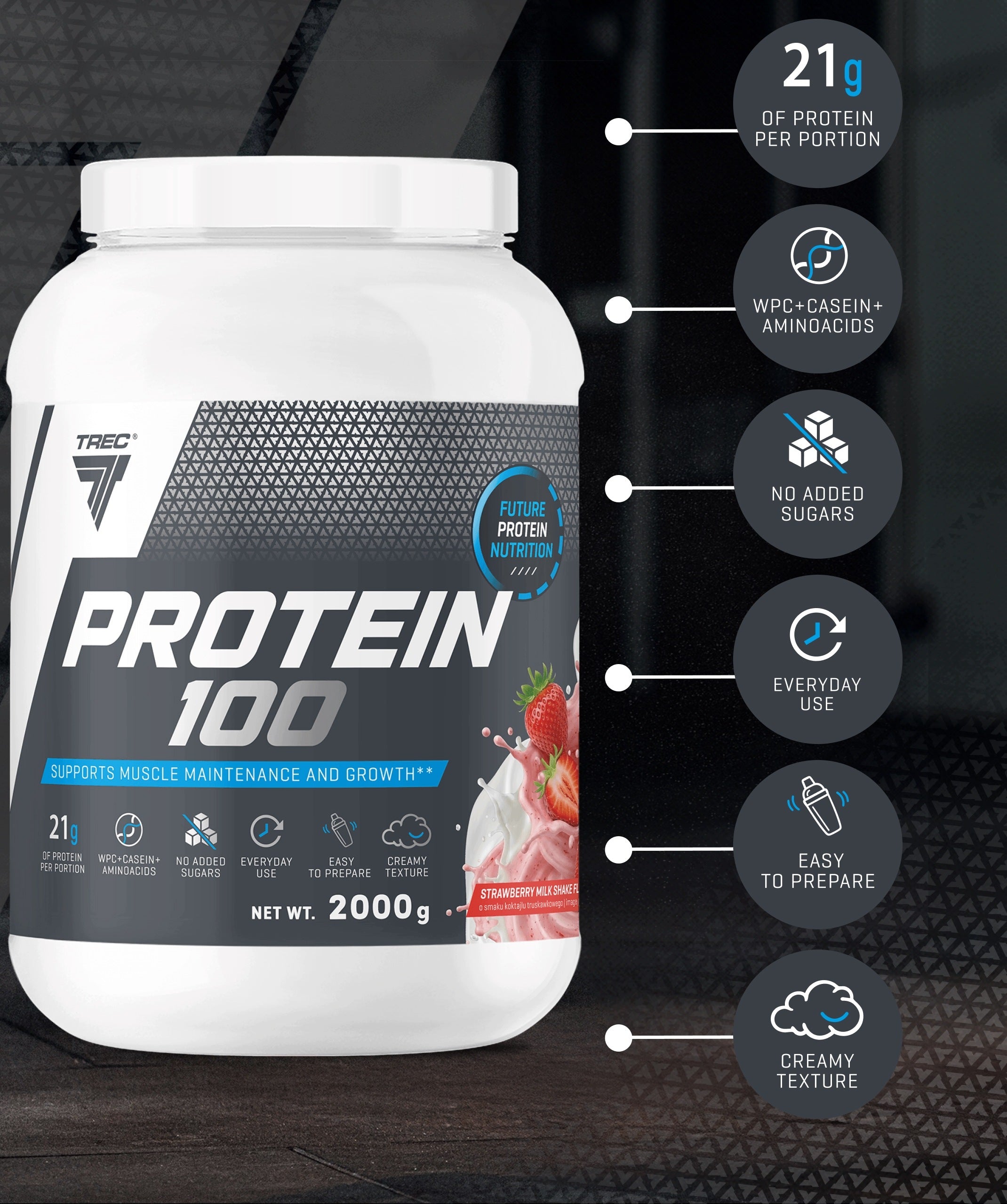 TREC PROTEIN 100 PROTEIN SUPPLEMENT WPC WHEY PROTEIN CONCENTRATE|2000 g Expiration date at least six months from the date of purchase