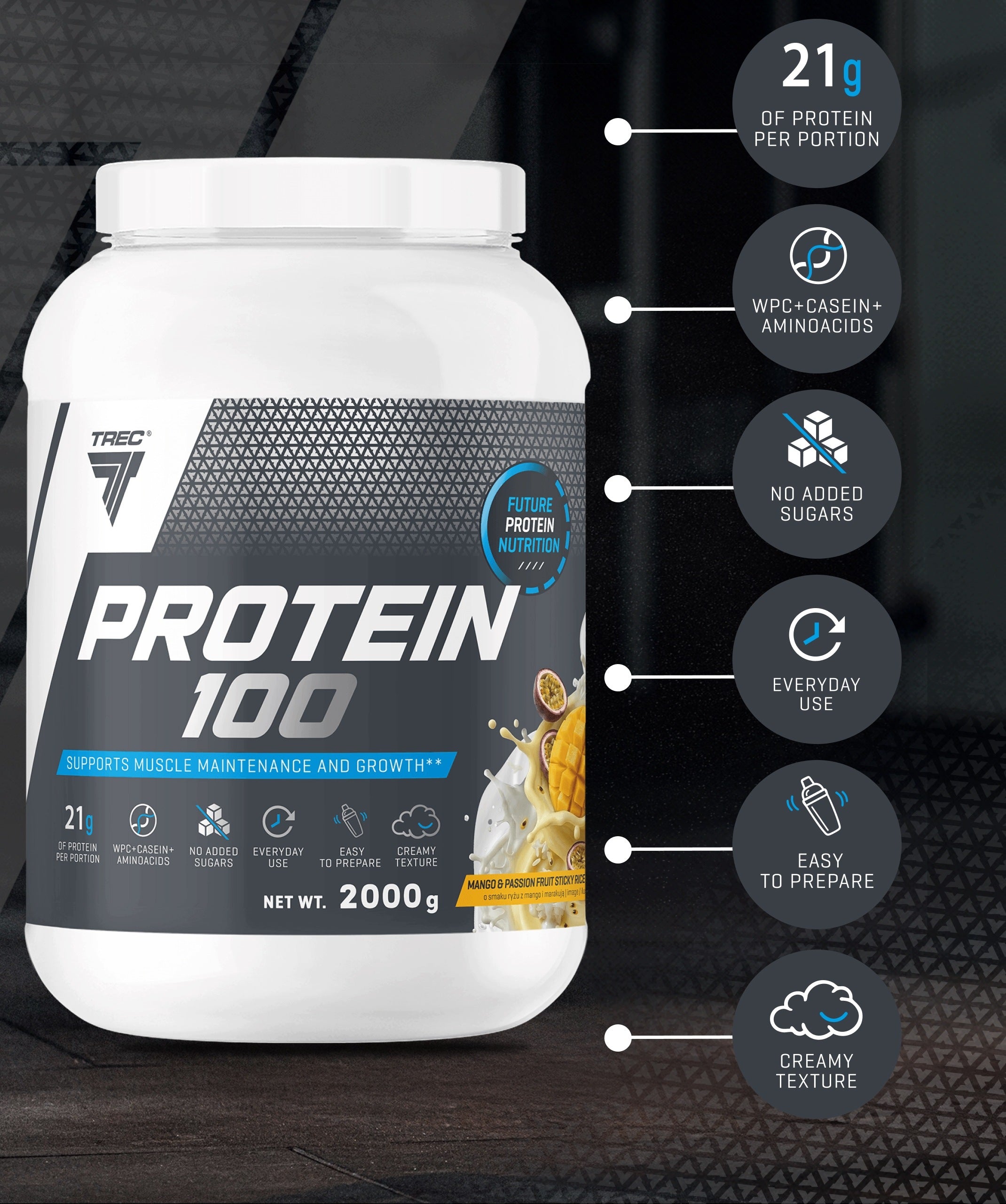 TREC PROTEIN 100 WHEY PROTEIN CONCENTRATE WPC PROTEIN SUPPLEMENT|2000 g Expiration date at least six months from the date of purchase