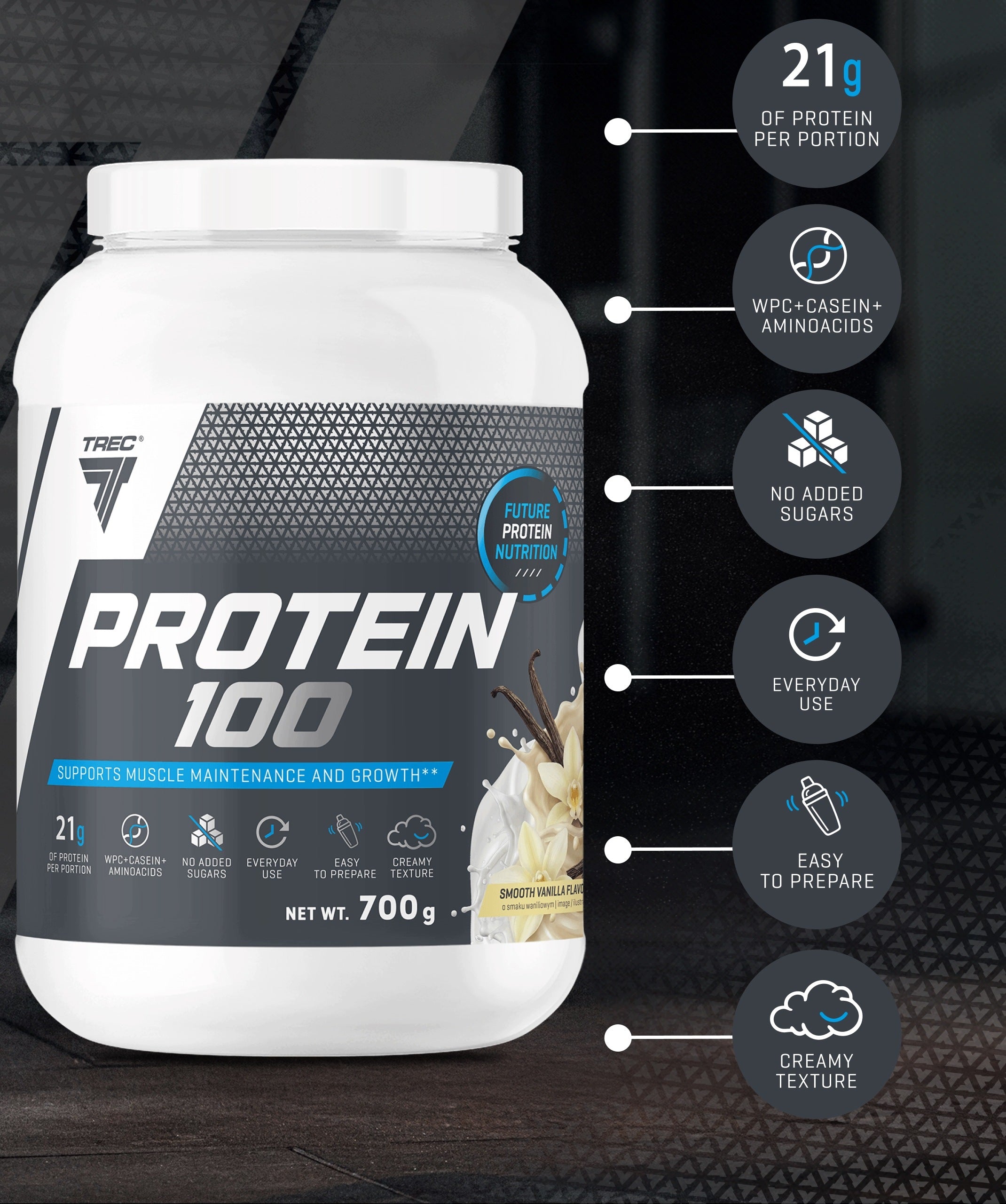 TREC Protein Conditioner with WPC PROTEIN 100 700g Protein for Muscle Mass and Strength Expiration date at least six months from the date of purchase