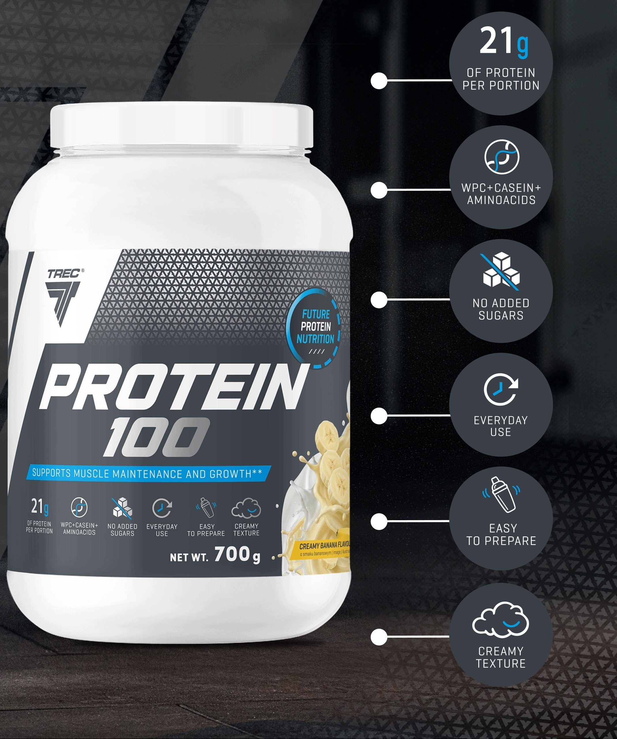 TREC Protein Conditioner with WPC PROTEIN 100 700g Protein for Muscle Mass and Strength Expiration date at least six months from the date of purchase
