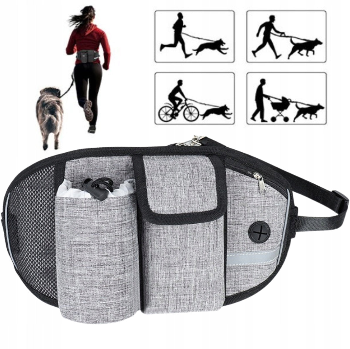TREKKING BELT HIP SACHET UNIVERSAL LEASH FOR RUNNING WITH DOG GREY