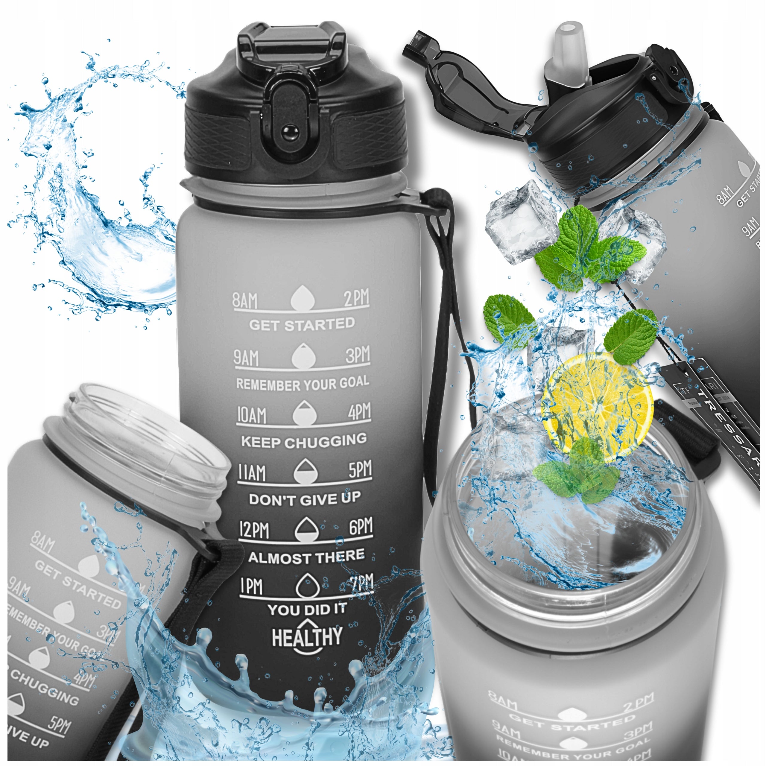 TRESSARI Motivational bottle water bottle black holder 600ml for water BPA FREE Color black