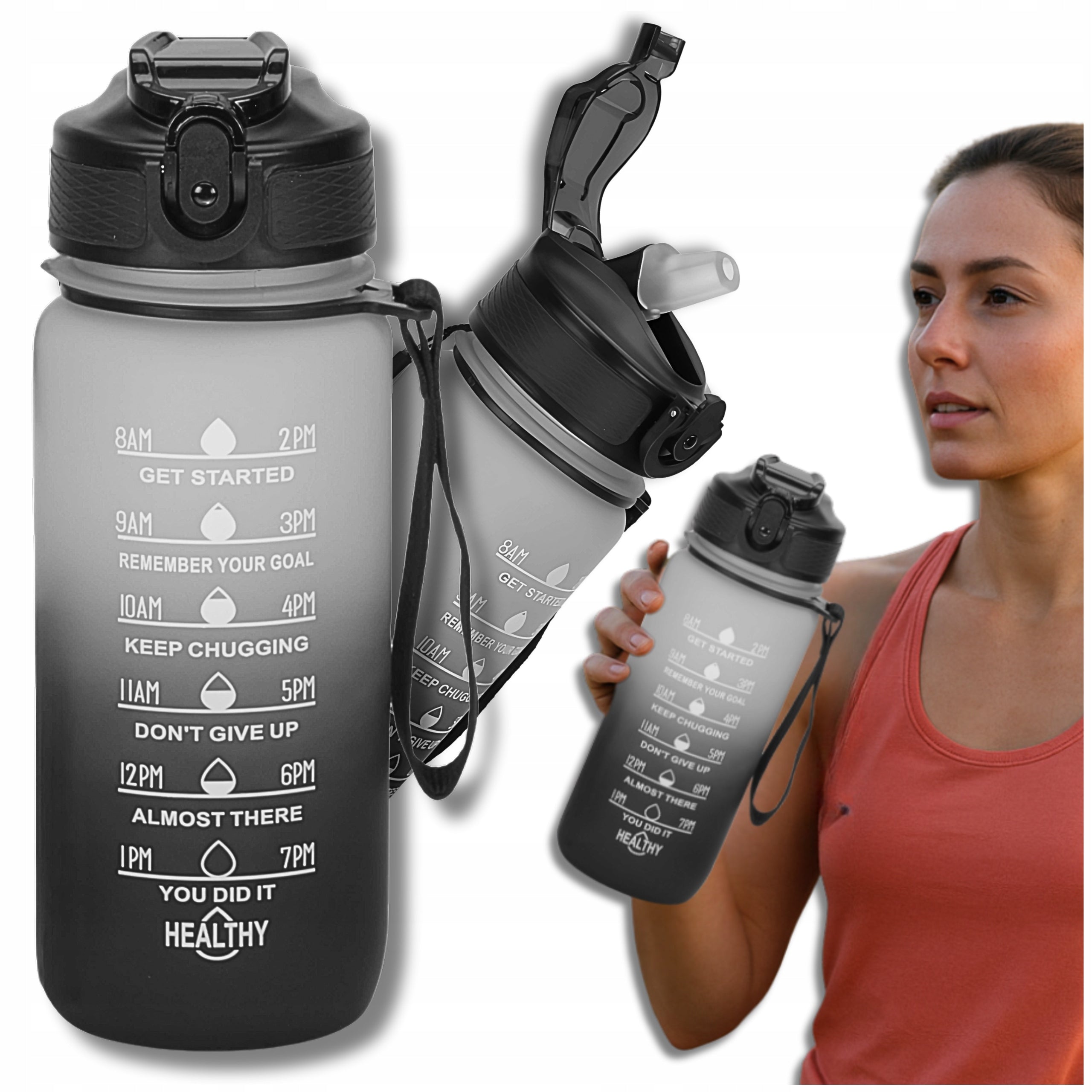 TRESSARI Motivational bottle water bottle black holder 600ml for water BPA FREE