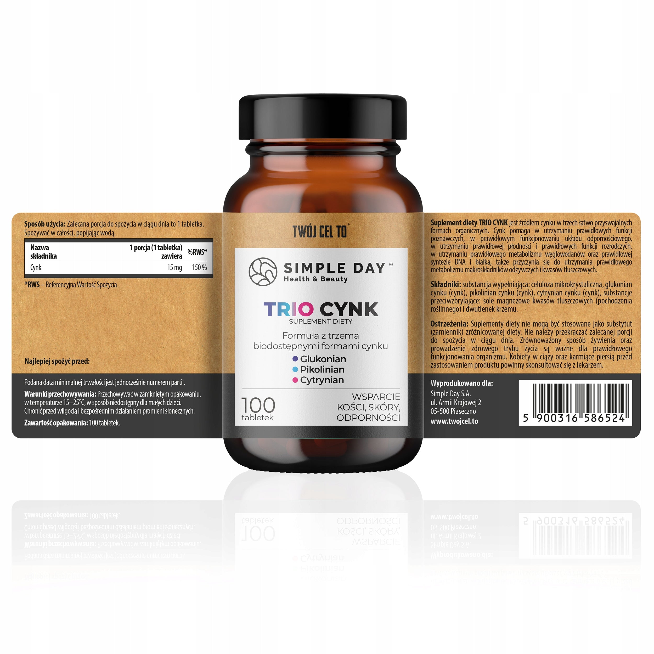 TRIO ORGANIC ZINC 3 FORMS 15MG TESTOSTERONE HAIR SKIN IMMUNITY 100TAB Brand Twój Cel To