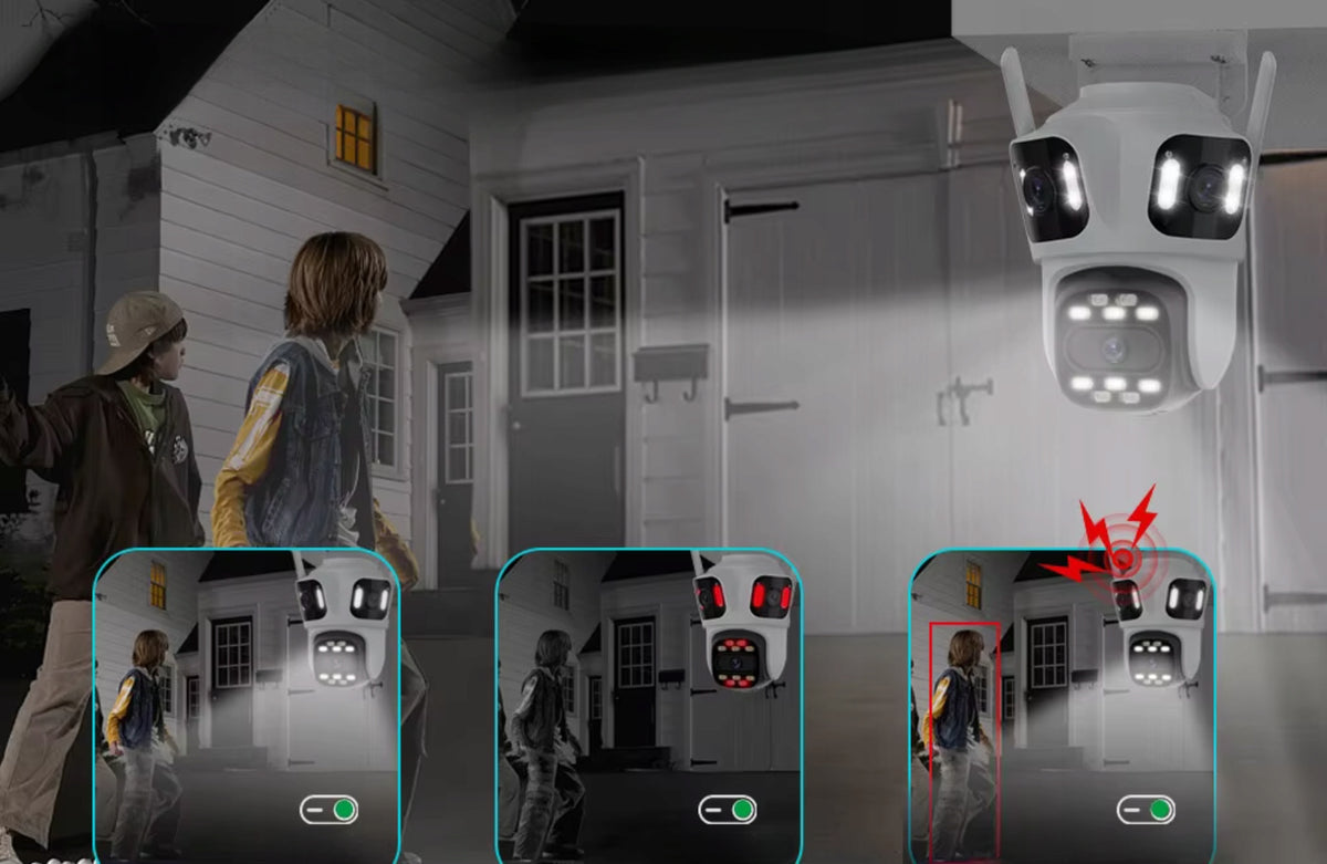 TRIPLE IP CAMERA WIFI SMART ROTATING OUTDOOR UHD 8MPx ZOOM 3in1 ICSEE Manufacturer code ALARM WEWNĘTRZNA PODCZERWIEŃ CZUJNIK RUCHU