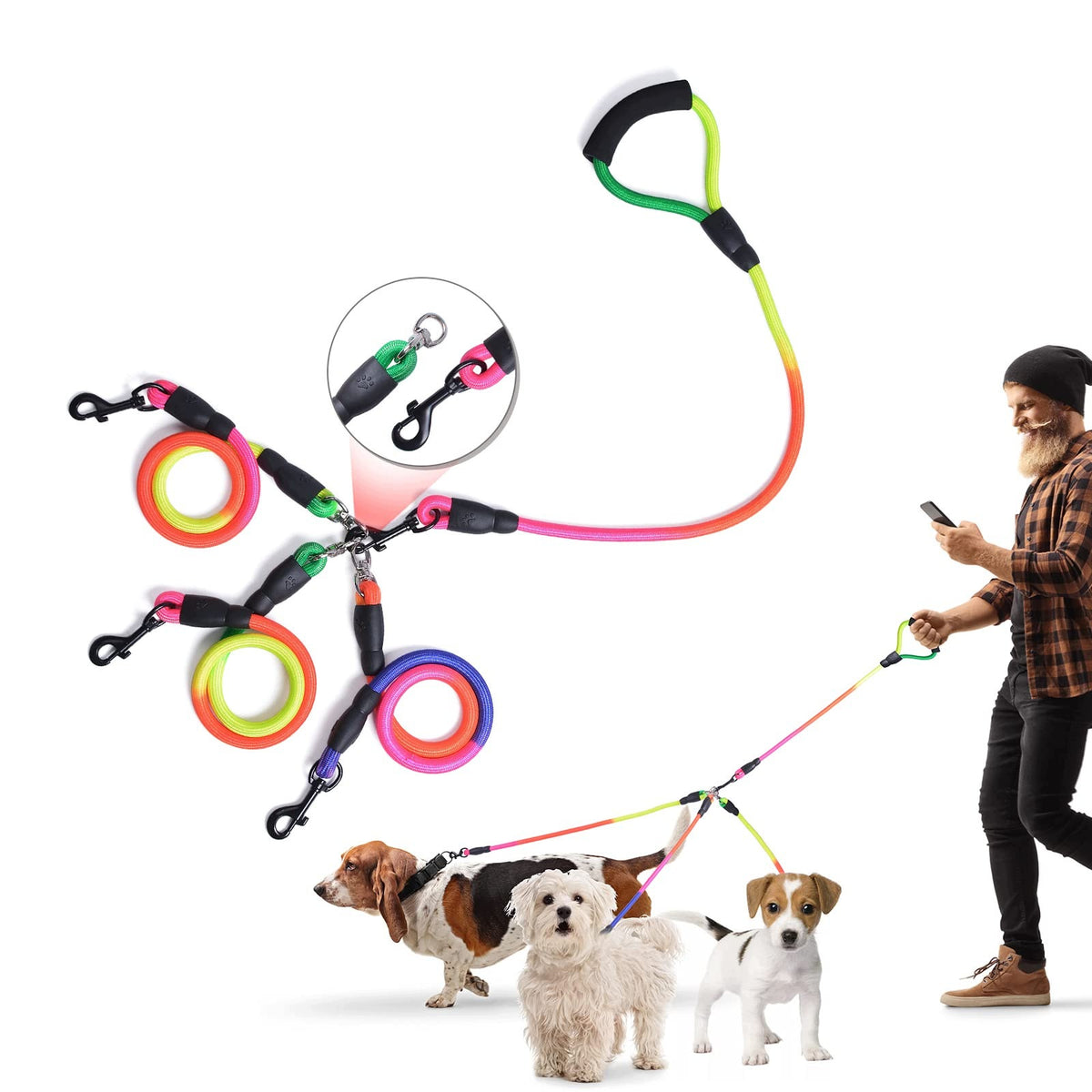 TRIPLE LEASH FOR DOGS 190CM ROTATING GRADIENT NYLON LATCH