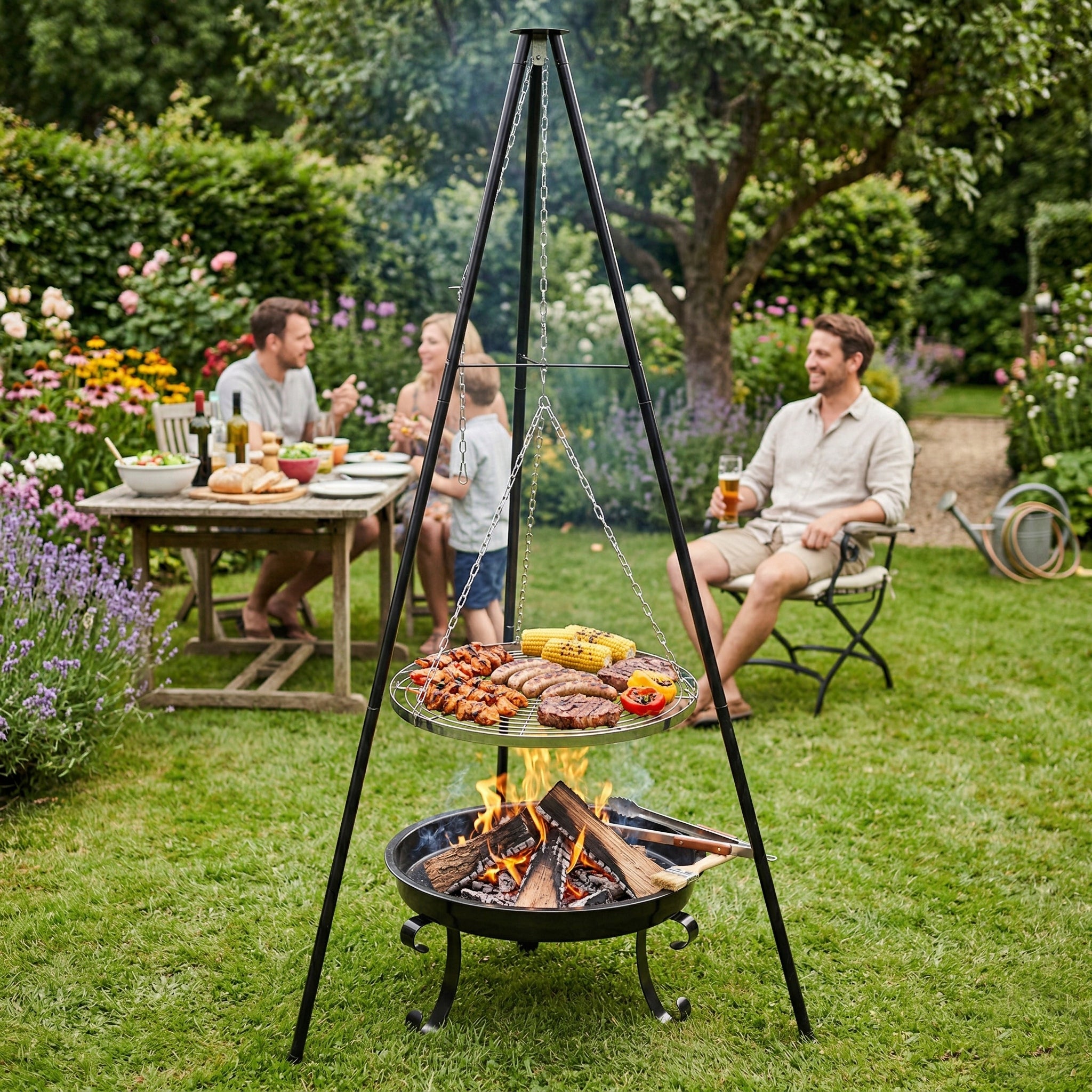 TRIPOD HANGING GRATE Charcoal Grill Garden Fire Pit for Fire Pit 2in1 LARGE Grill depth 55 cm