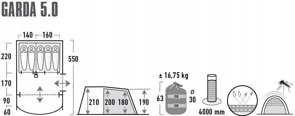 TUNNEL TENT FAMILY TOURING CAMPING HIGH PEAK GARDA 5.0 5 pers. Color gray