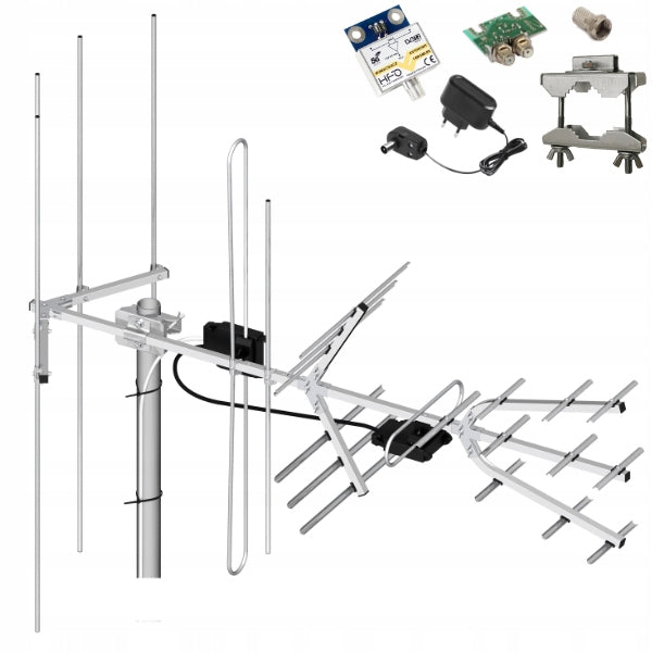 TV antenna UHF VHF Tri Digit Combo H/V DVB-T2 LNA-169 38dBi MUX-8 Dipol