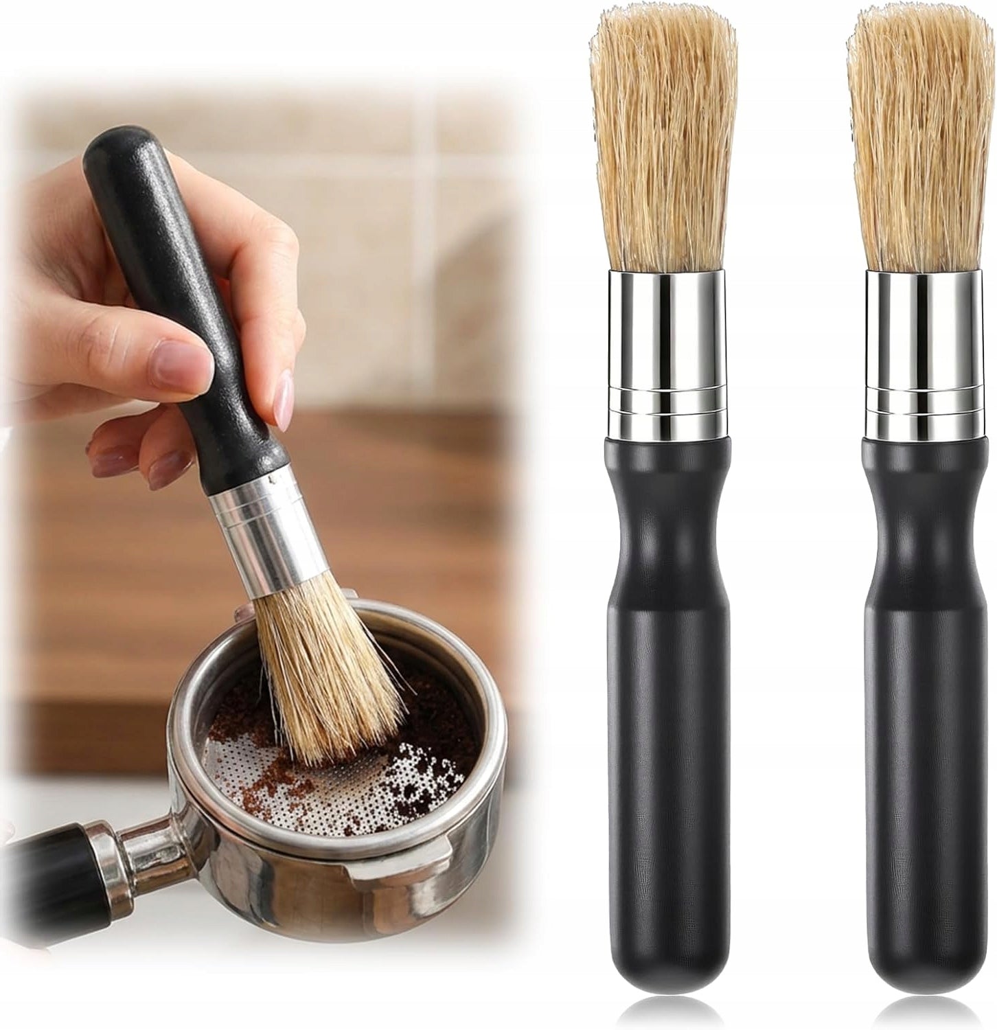 TWO BRUSHES FOR CLEANING COFFEE MACHINES AND GRINDERS ERGONOMICALLY