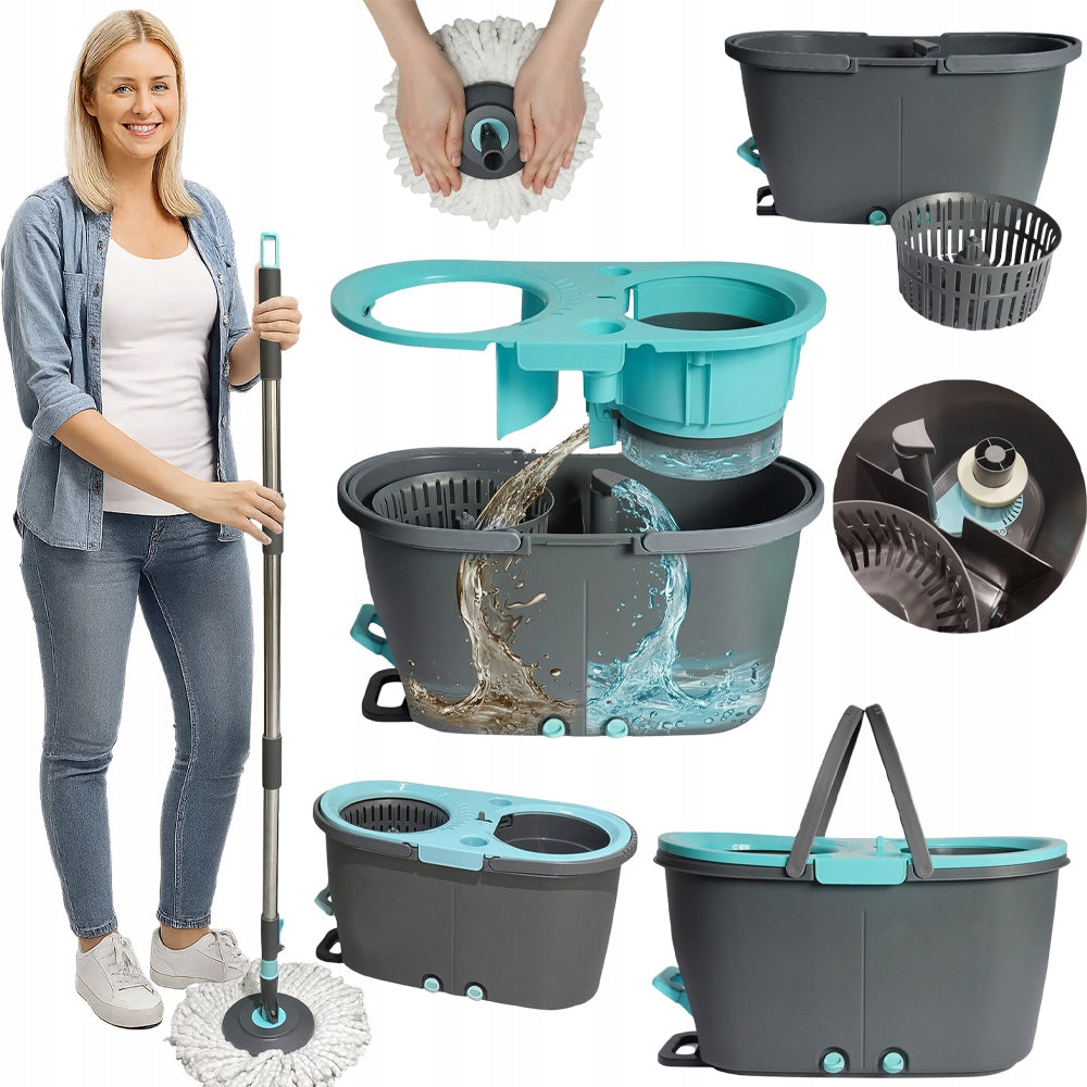 TWO CHAMBER BUCKET MOP CLEAN DIRTY WATER ROTARY 2 MICROFIBER CARTRIDGES
