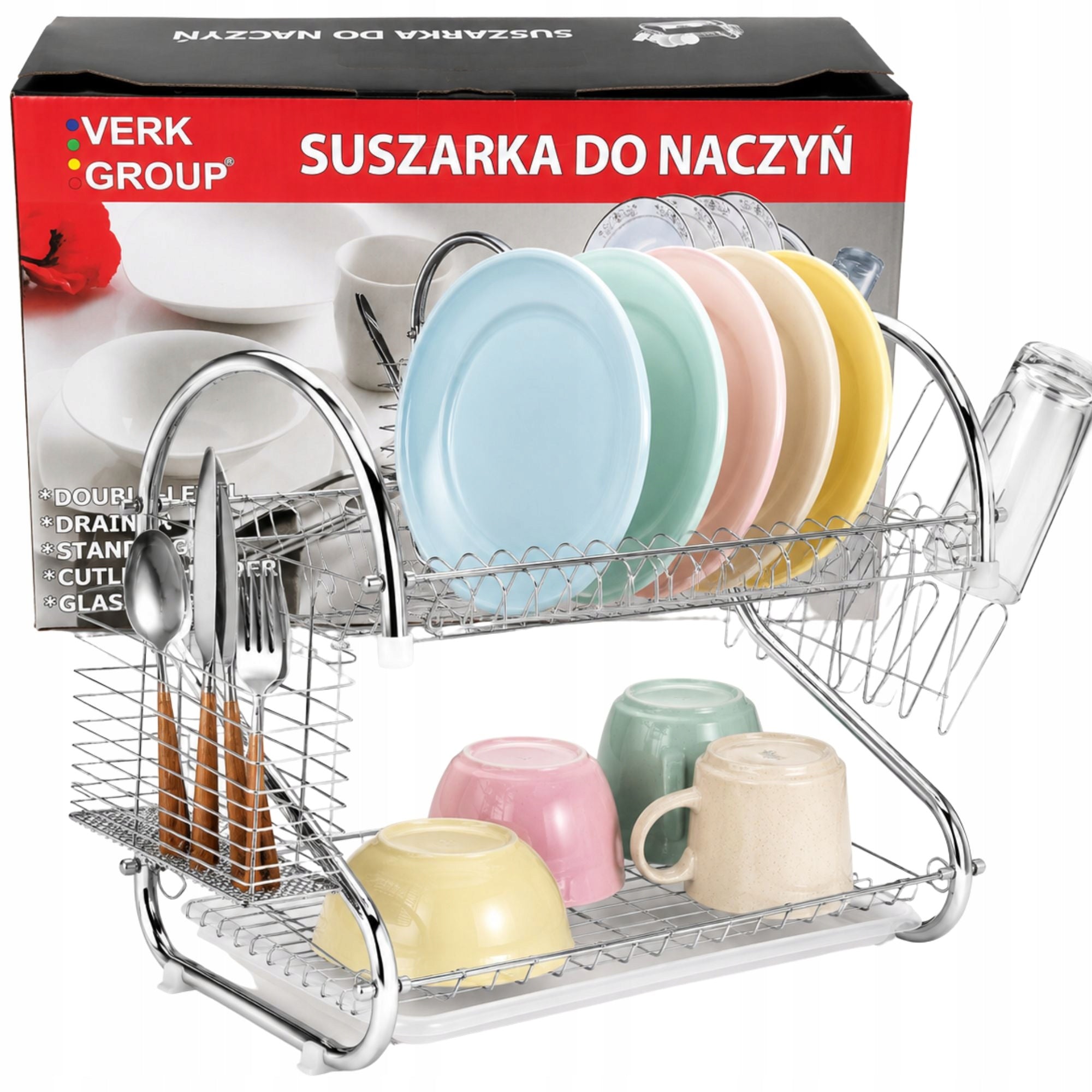 TWO-TIER DISH DRYER WITH DRAINER FOR PLATES CUPS AND CUTLERY