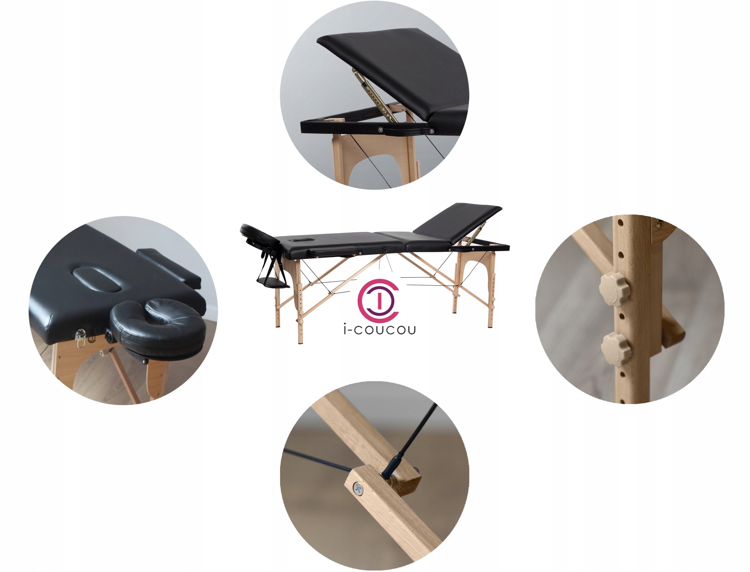 Table Massage Bed Folding Portable Wooden 3-Segment Couch Color black