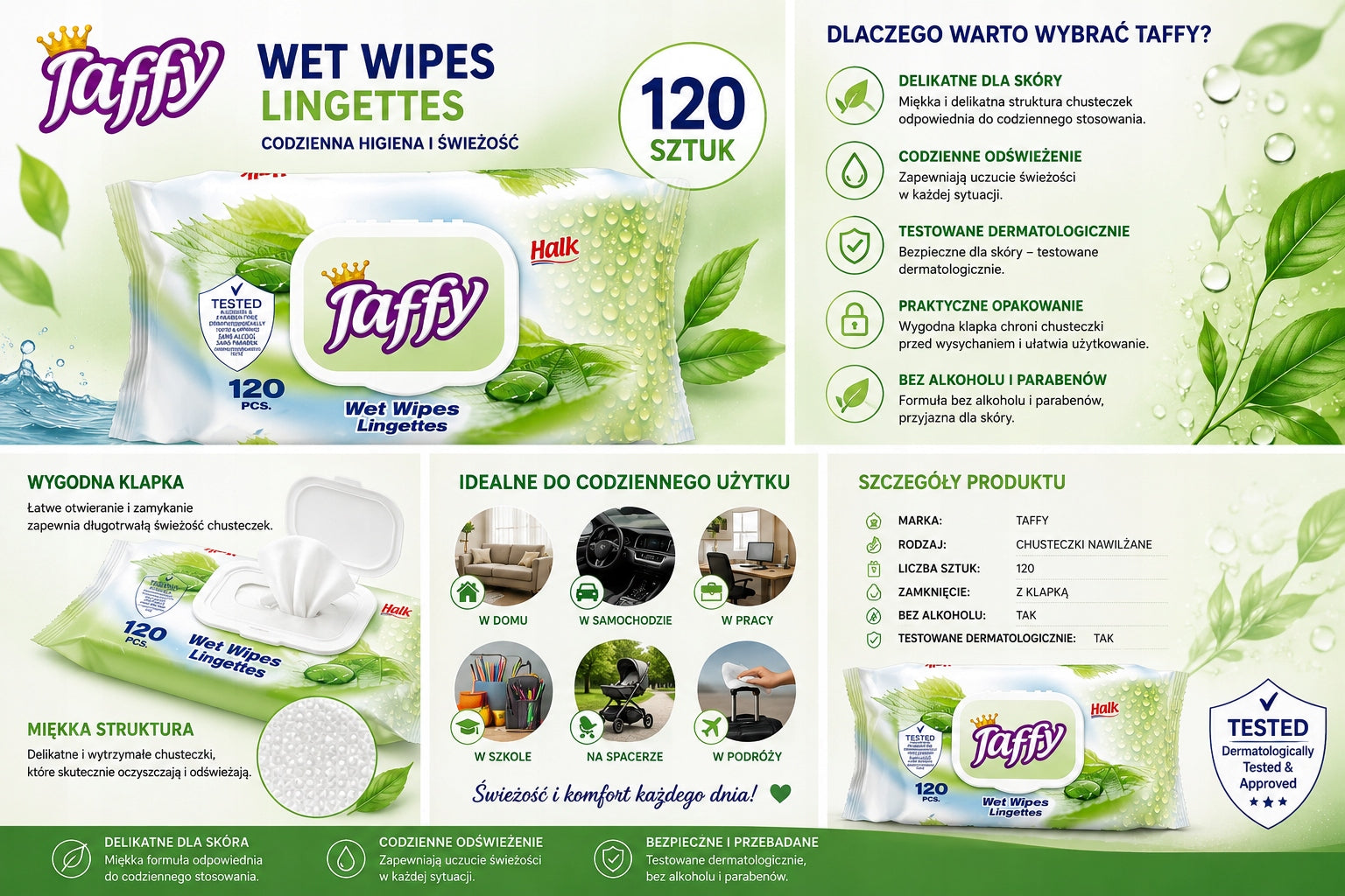 Taffy Wet Wipes 120 Pcs Dermatologically Tested Packaging status original