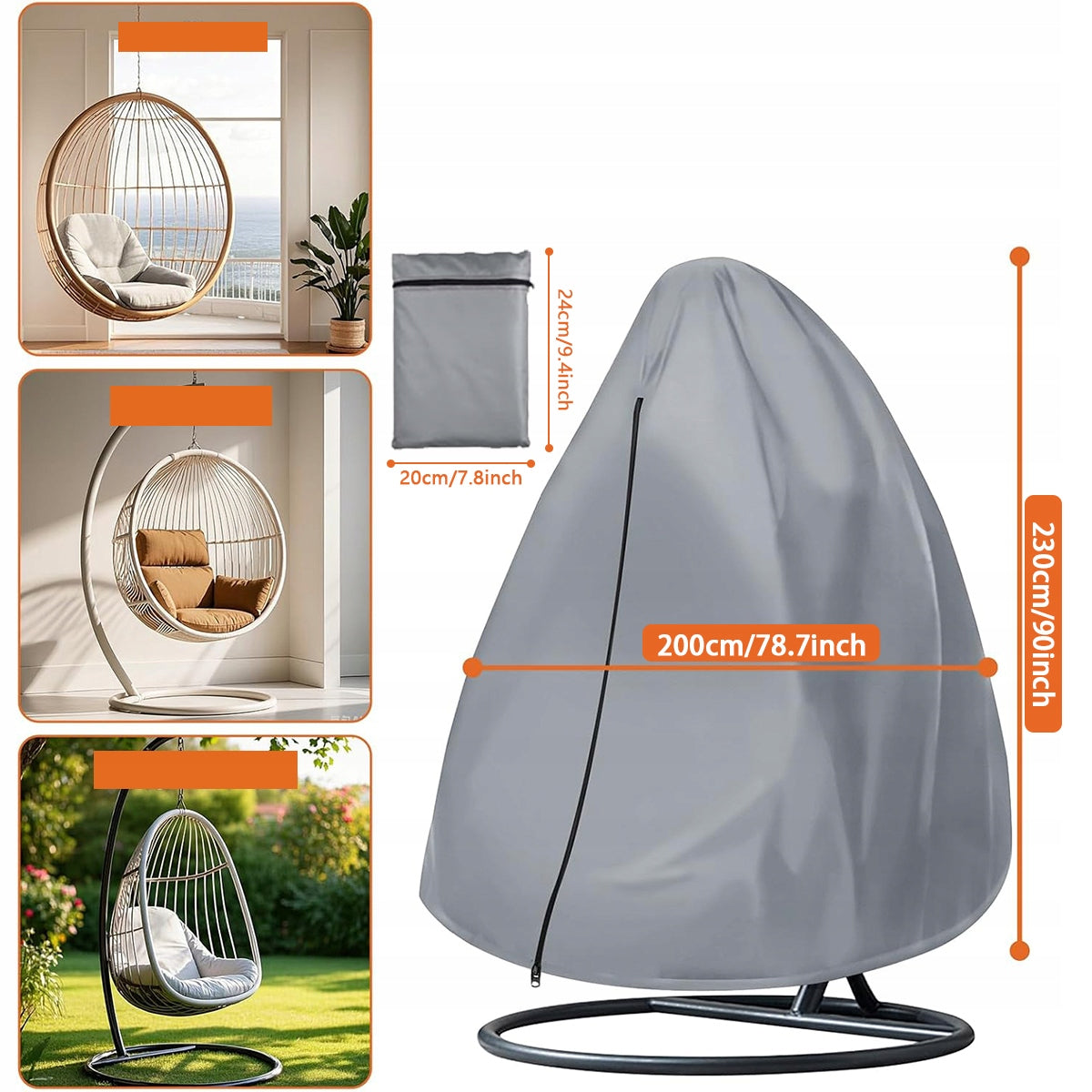 Tarpaulin cover for armchair hanging cocoon garden swing zipper basket Length 230 cm