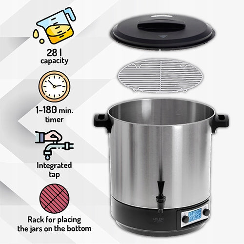 Tea Coffee Heater 28L Pasteurization Pot Thermostat Timer Brand ADLER