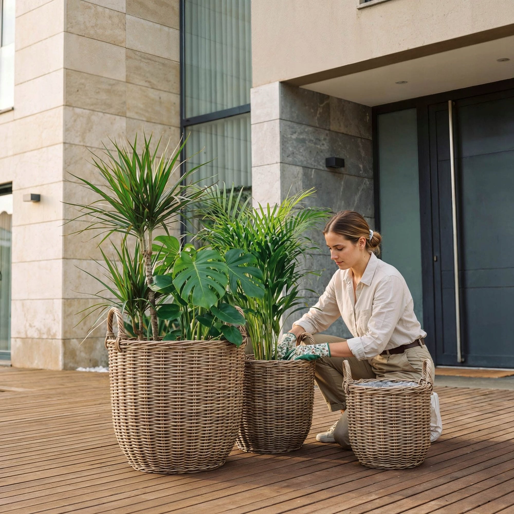Technorattan Pot Covers Set of 3 Rattan Baskets Boho Balcony Terrace Shape round