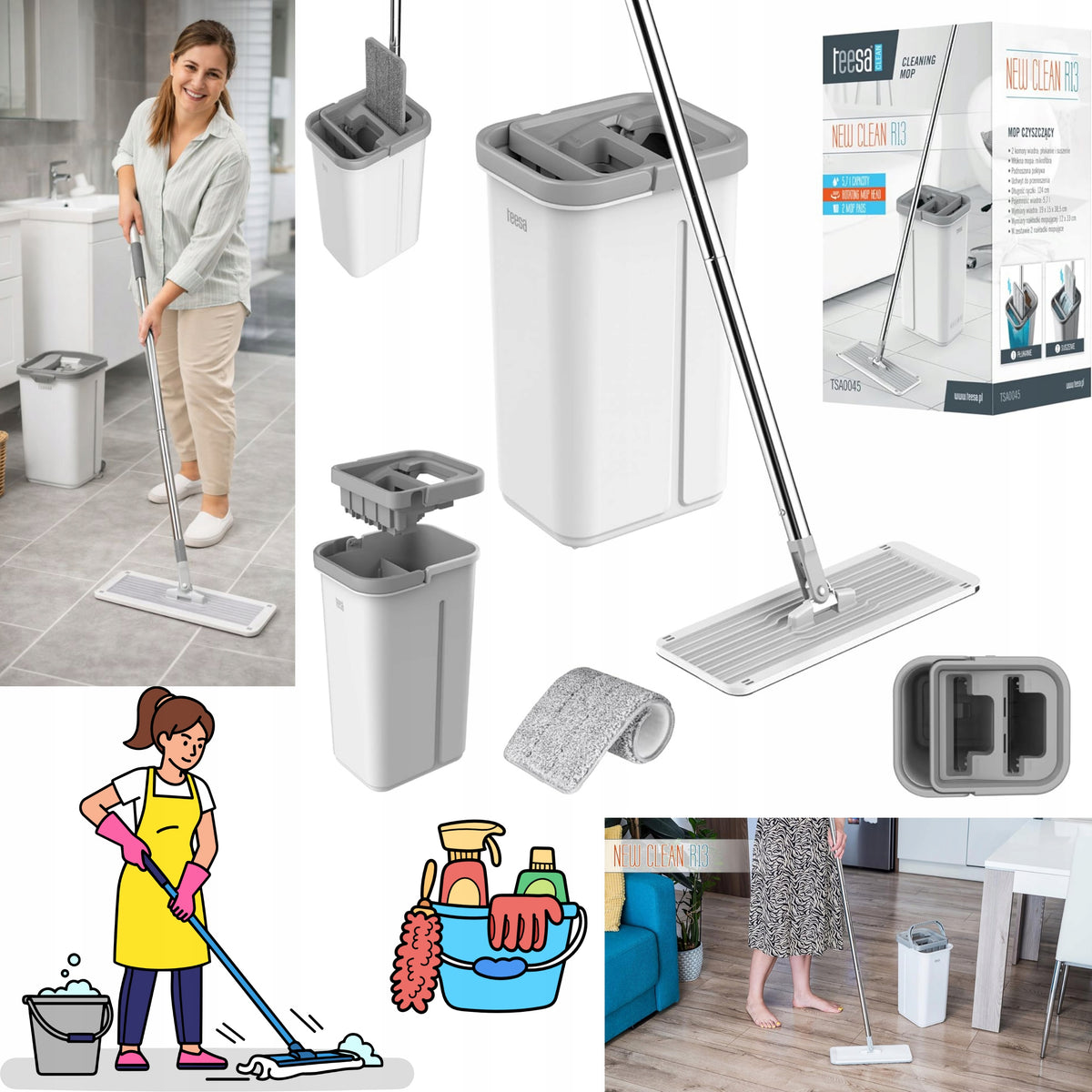 Teesa New Clean R13 Flat Mop with Bucket 5,7l – Clean Hands and Floors