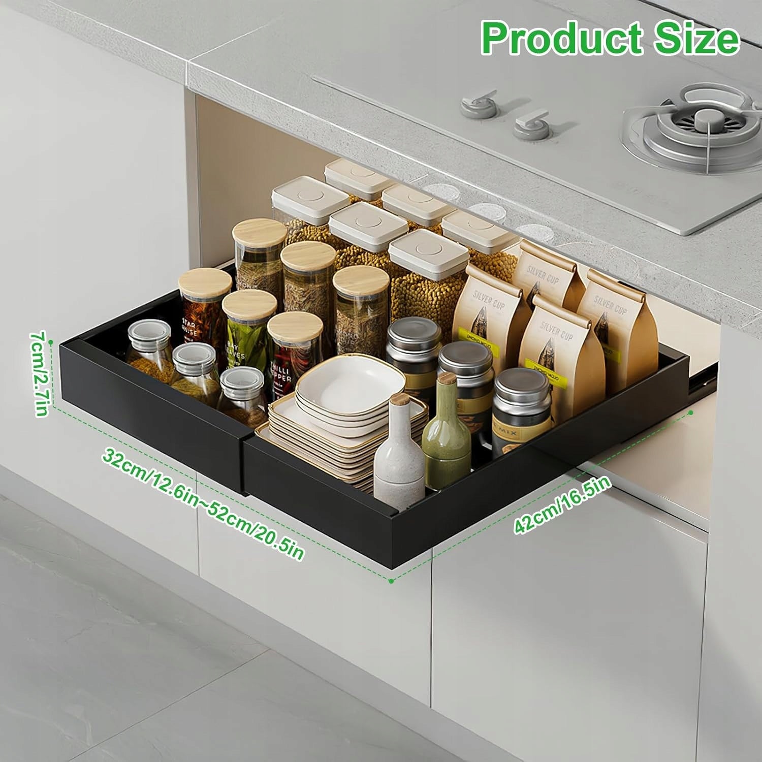 Telescopic pull-out drawer for kitchen, adjustable 42x32-52x7cm - BLACK Manufacturer code H02007002010102AEUML092