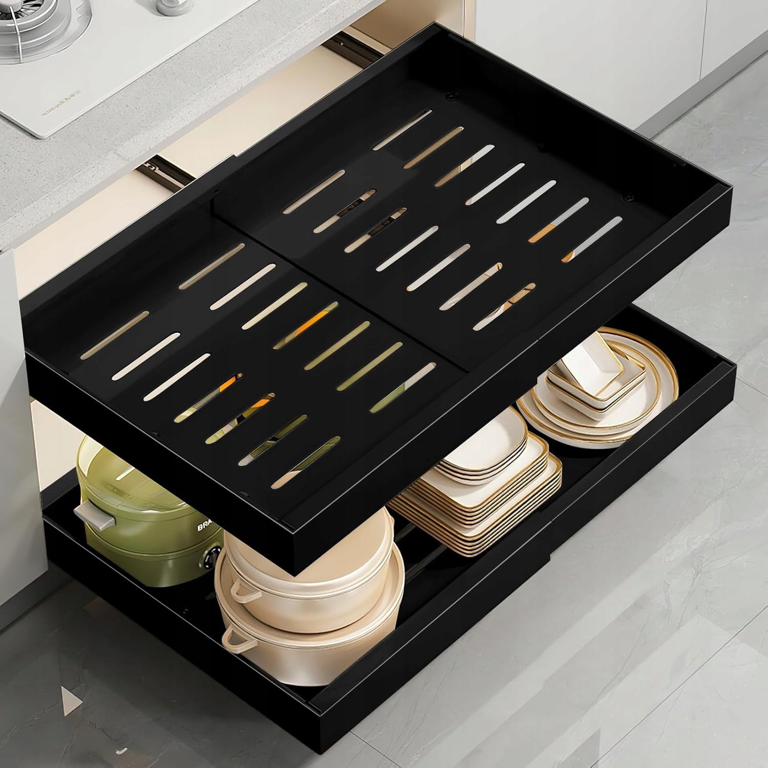 Telescopic pull-out drawer for kitchen, adjustable 42x32-52x7cm - BLACK