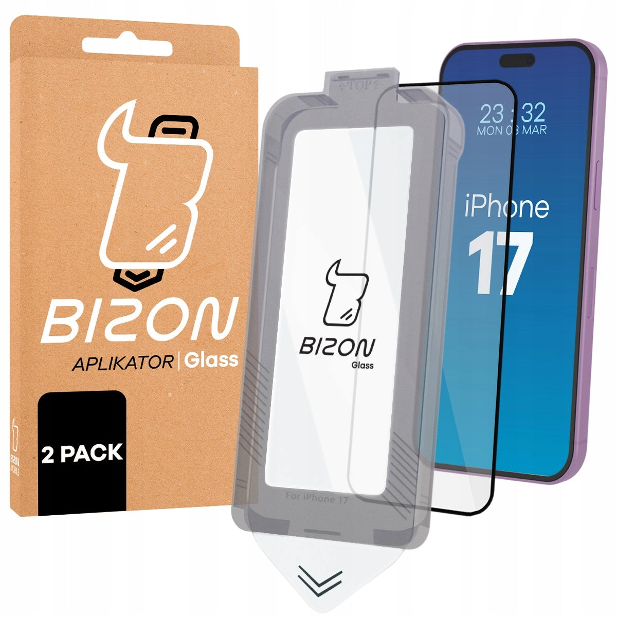 Tempered glass for iPhone 17, Bizon, fast with applicator, 2 pieces