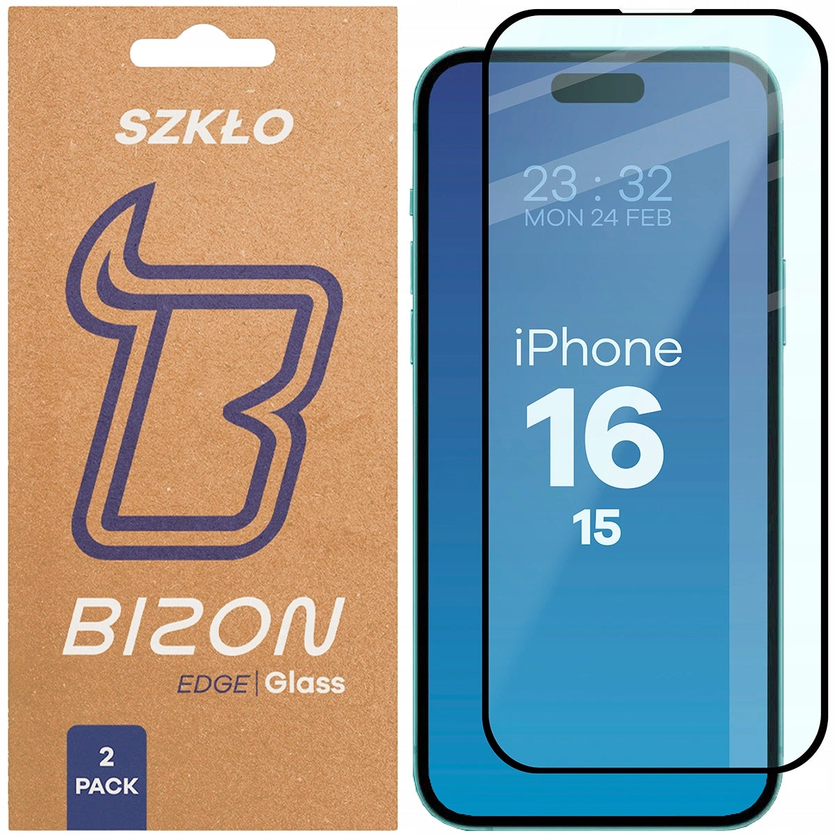 Tempered glass with frame Bizon for iPhone 15/16, glass 2 pieces