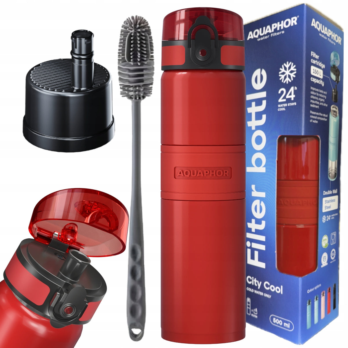 Thermal filter bottle AQUAPHOR CITY COOL red 0,5l + toothbrush