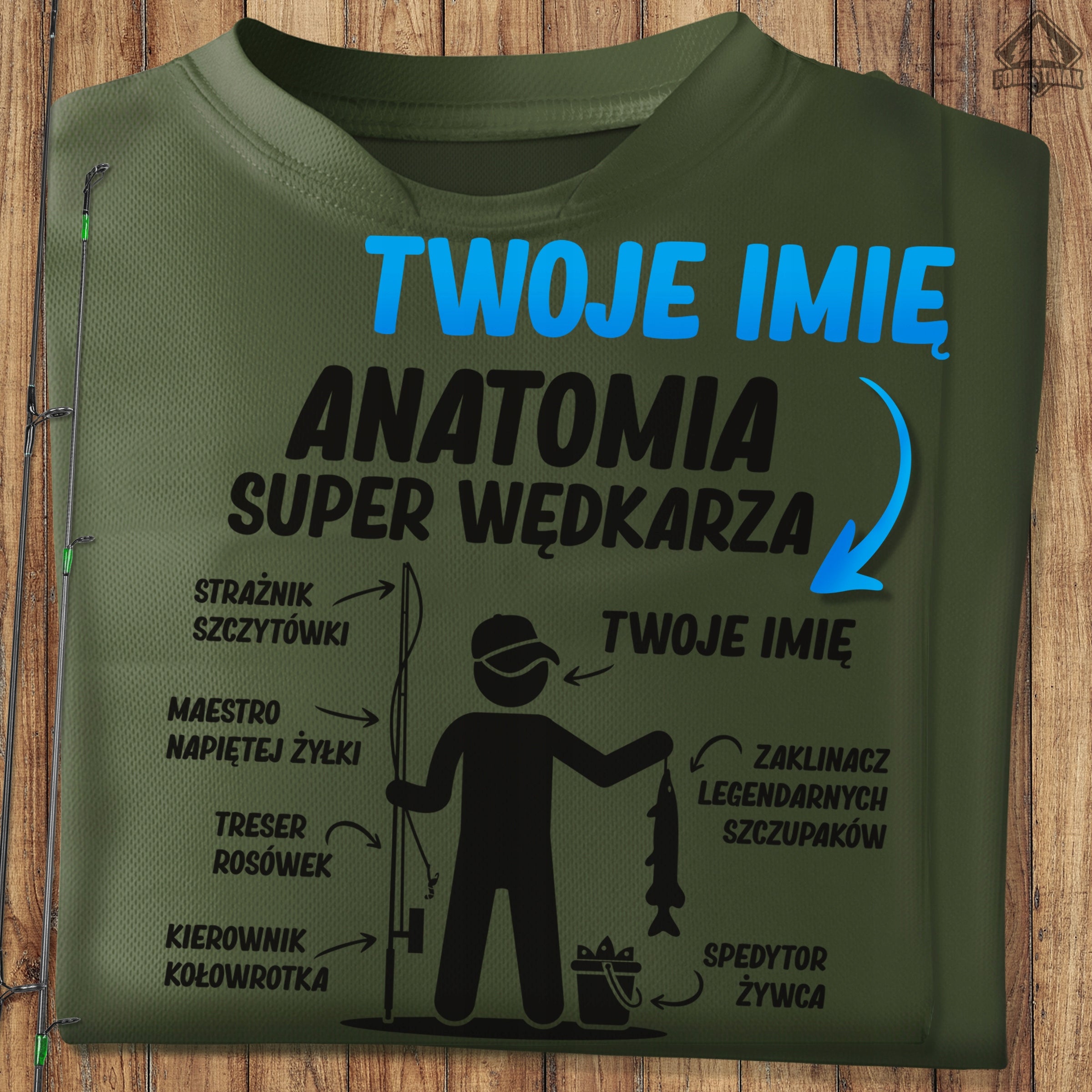 Thermoactive khaki fishing shirt with NAME as a gift for Dad Husband Color green