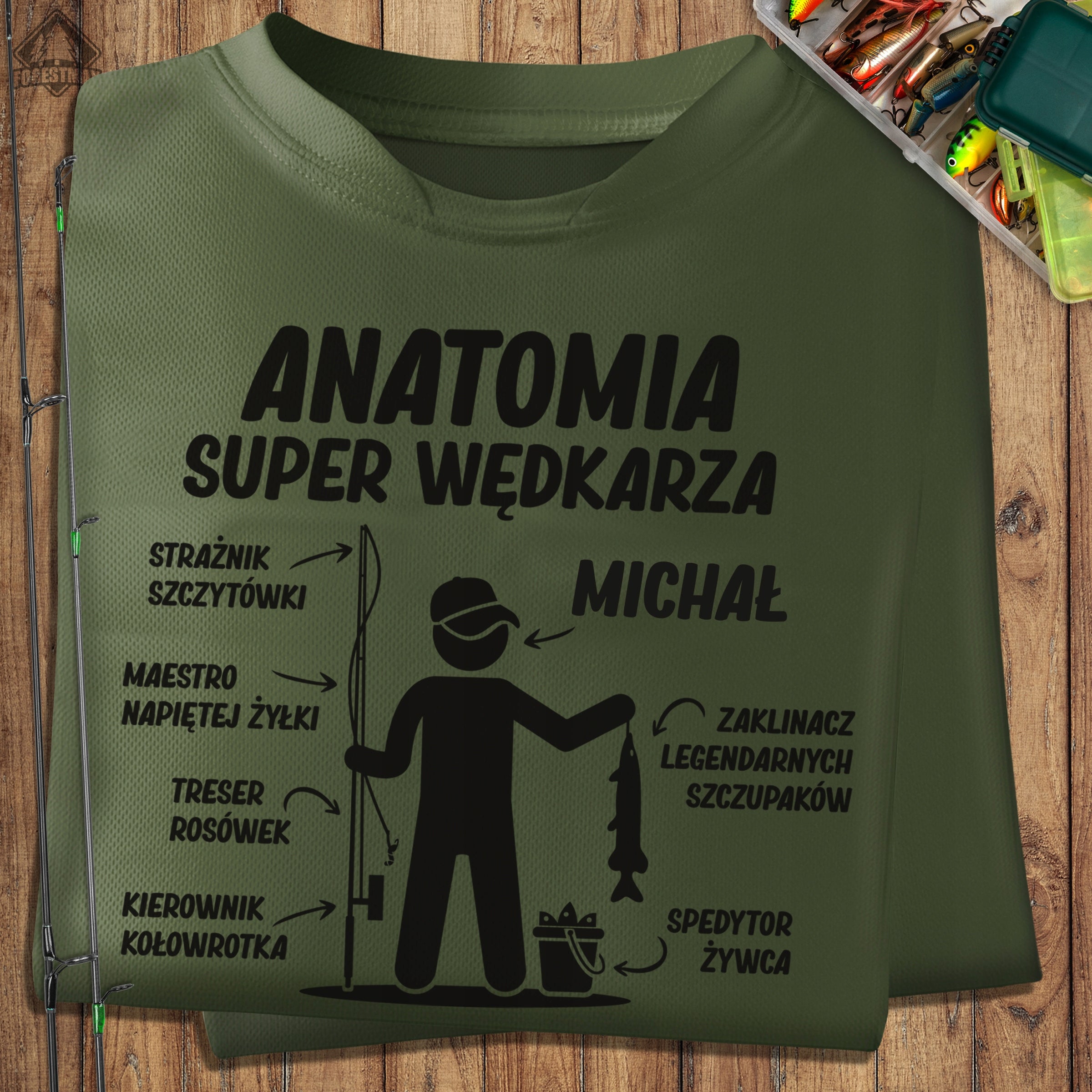 Thermoactive khaki fishing shirt with NAME as a gift for Dad Husband Neckline round