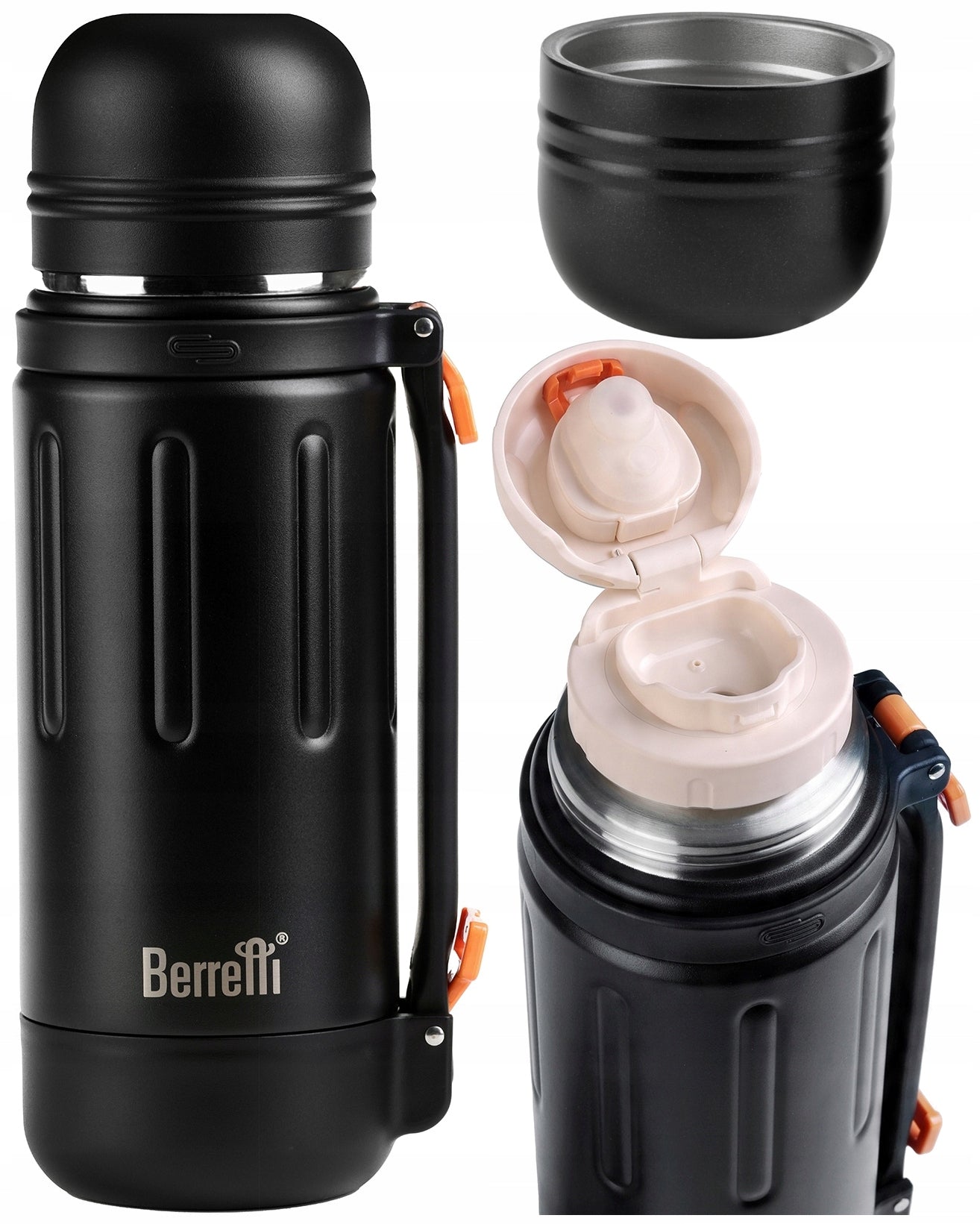 Thermos for drinks coffee tea with mug holder Berretti large 1,2L Black